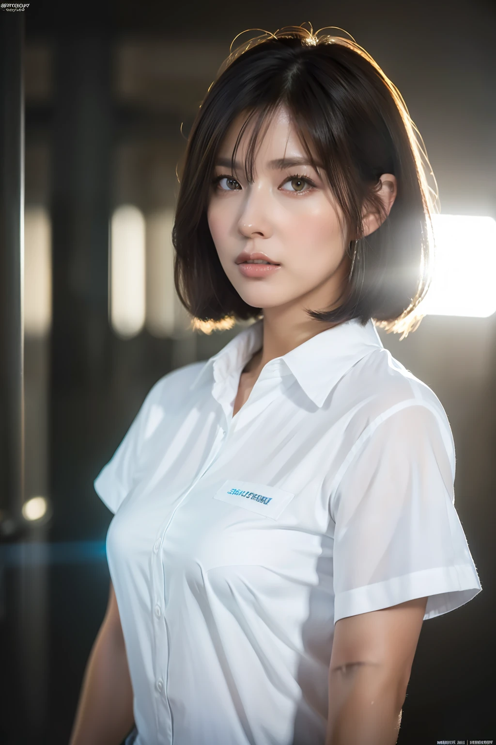 ( (8k:1.27), best quality, masterpiece, ultra highres:1.2) Photo of dark-skinned gyaru (beautiful:1.1) (sci-fi warrior woman:1.1) space soldier, (shortcut:1.61) (white shirt:1.21) intricate elegant, fantasy, detailed, ometric by greg rutkowski and alphonse mucha, gradient lighting, sun right