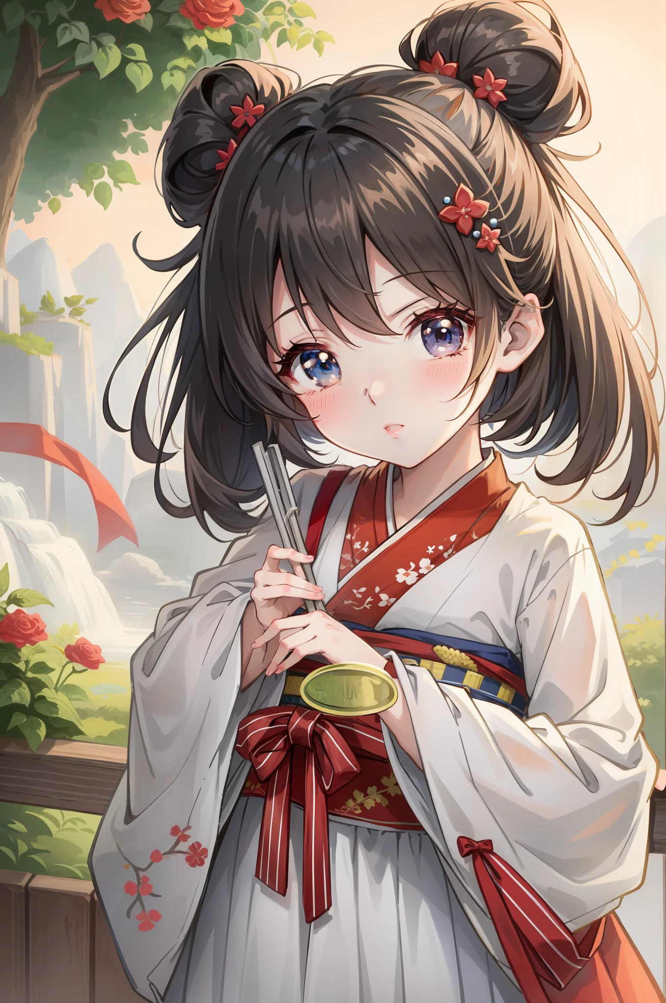 Anime girls wearing kimonos，There are red and white flowers on the hair, guviz style artwork, Guwiz, Guweiz on ArtStation Pixiv, Guweiz in Pixiv ArtStation, Anime style 4 K, Cute anime girl, anime visual of a cute girl, digital anime illustration, Anime style. 8K