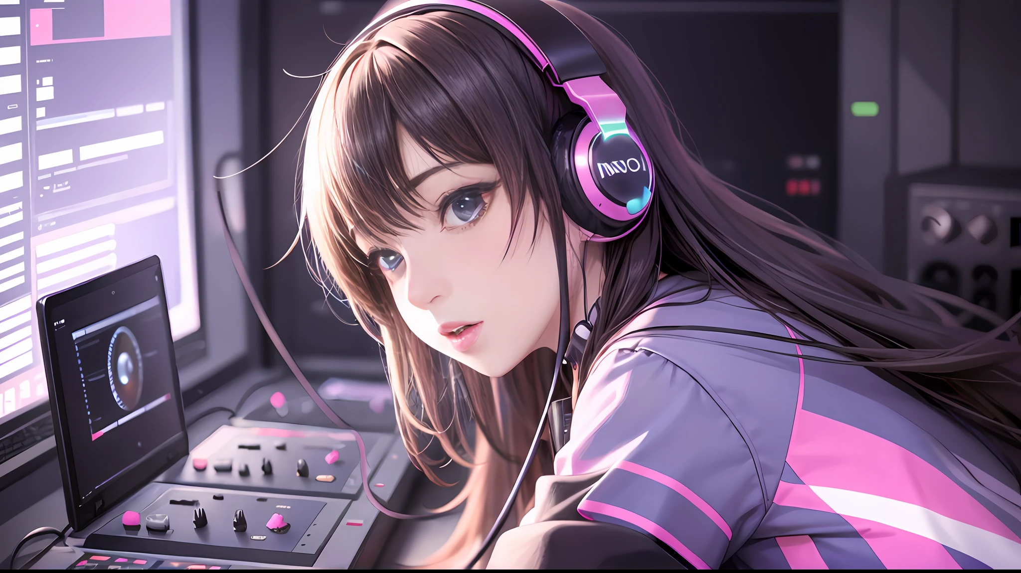 Ninja woman with peace sense headset, closed eyes, beautiful face, RGB colors, bright purple hair, anime, bright background, banner for youtube video, happy girl, clouds with RGB colors, bright RGB colors, full. --auto