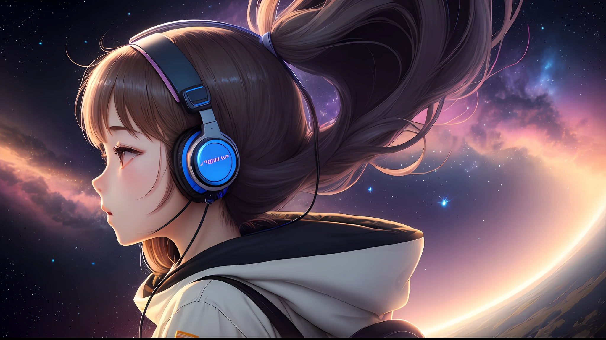 Ninja woman with peace sense headset, closed eyes, beautiful face, RGB colors, bright purple hair, anime, bright background, banner for youtube video, happy girl, clouds with RGB colors, bright RGB colors, full. --auto
