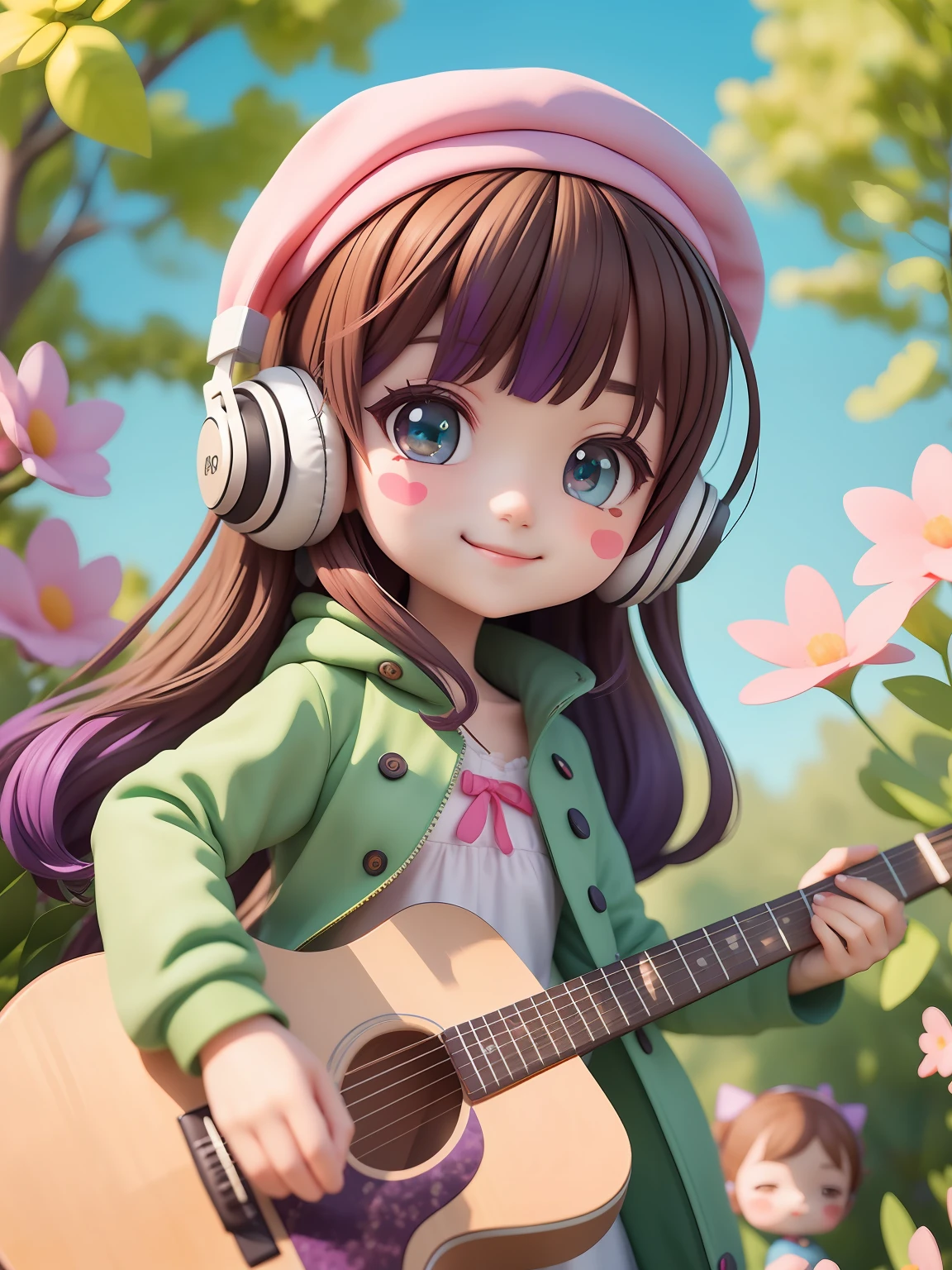 (Daisaku),(Need),(Super meticulous),(s whole body:1.2),1girl,Chibi T-Shi,Cutes,Smile with,zhangzui,blooms,al fresco,playing guitar,Music,beret,Hold the guitar,Manteau,Blushlush,The tree,:3,chemise,bobhair,sakuga,green headwear,Blurred,Brown-haired,Blush stickers,long sleeves,hair bangs,head phone,Purple hair,Pink flowers,(beautiful detailed face),(beautiful detailed eyes),