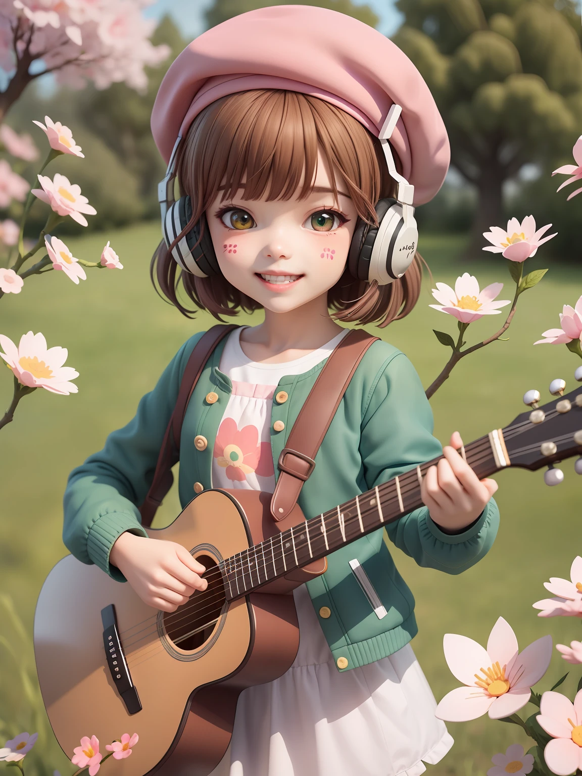 (Daisaku),(Need),(Super meticulous),(s whole body:1.2),1girl,Chibi T-Shi,Cutes,Smile with,zhangzui,blooms,al fresco,playing guitar,Music,beret,Hold the guitar,Manteau,Blushlush,The tree,:3,chemise,bobhair,sakuga,green headwear,Blurred,Brown-haired,Blush stickers,long sleeves,hair bangs,head phone,Purple hair,Pink flowers,(beautiful detailed face),(beautiful detailed eyes),