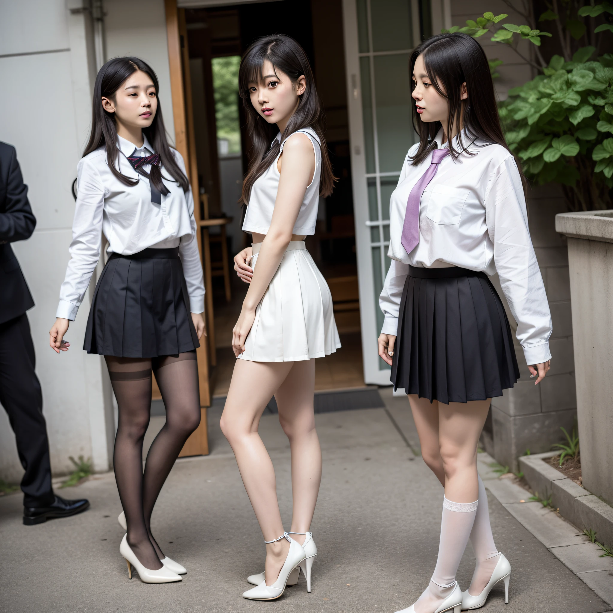 1个女孩,No Panty,Thin leg,Tight skirt,Skin tone stockings,Ultra-thin stockings,Lolita,Stand,White high heels on the ground,White lace heels,sidewalk,RAW photos,8K,highest quallity, The ultra-great resolution,Beautiful face details,Real human skin,Gentle expression,the front view,From a positive perspective,long haired,逼真,逼真,Cutes,a short skirt,Deep in the city,cute schoolgirl,Japan schoolgirl uniform,wearing japanese school uniform,Surreal high school girl,s whole body,