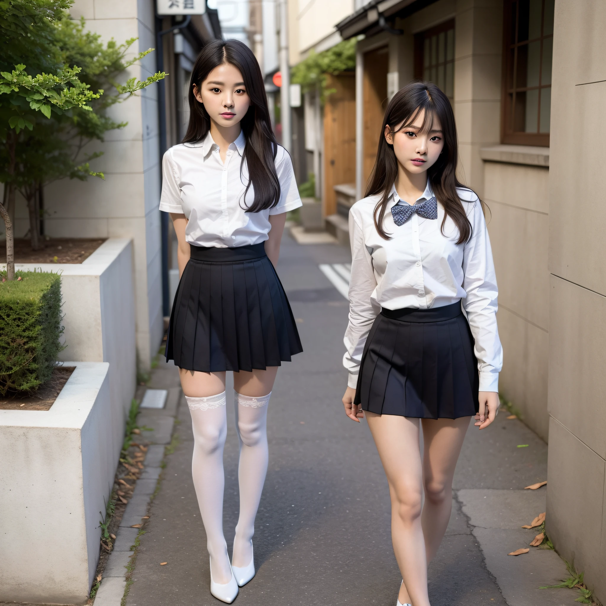 1个女孩，No Panty，Thin leg，Tight skirt，Skin tone stockings，Ultra-thin stockings，Lolita，Stand，White high heels on the ground，White lace heels，sidewalk，RAW photos，8K，highest quallity， The ultra-great resolution，Beautiful face details，Real human skin，Gentle expression，the front view，From a positive perspective，long haired，逼真，逼真，Cutes，a short skirt，Deep in the city，cute schoolgirl，Japan schoolgirl uniform，wearing japanese school uniform，Surreal high school girl，s whole body，