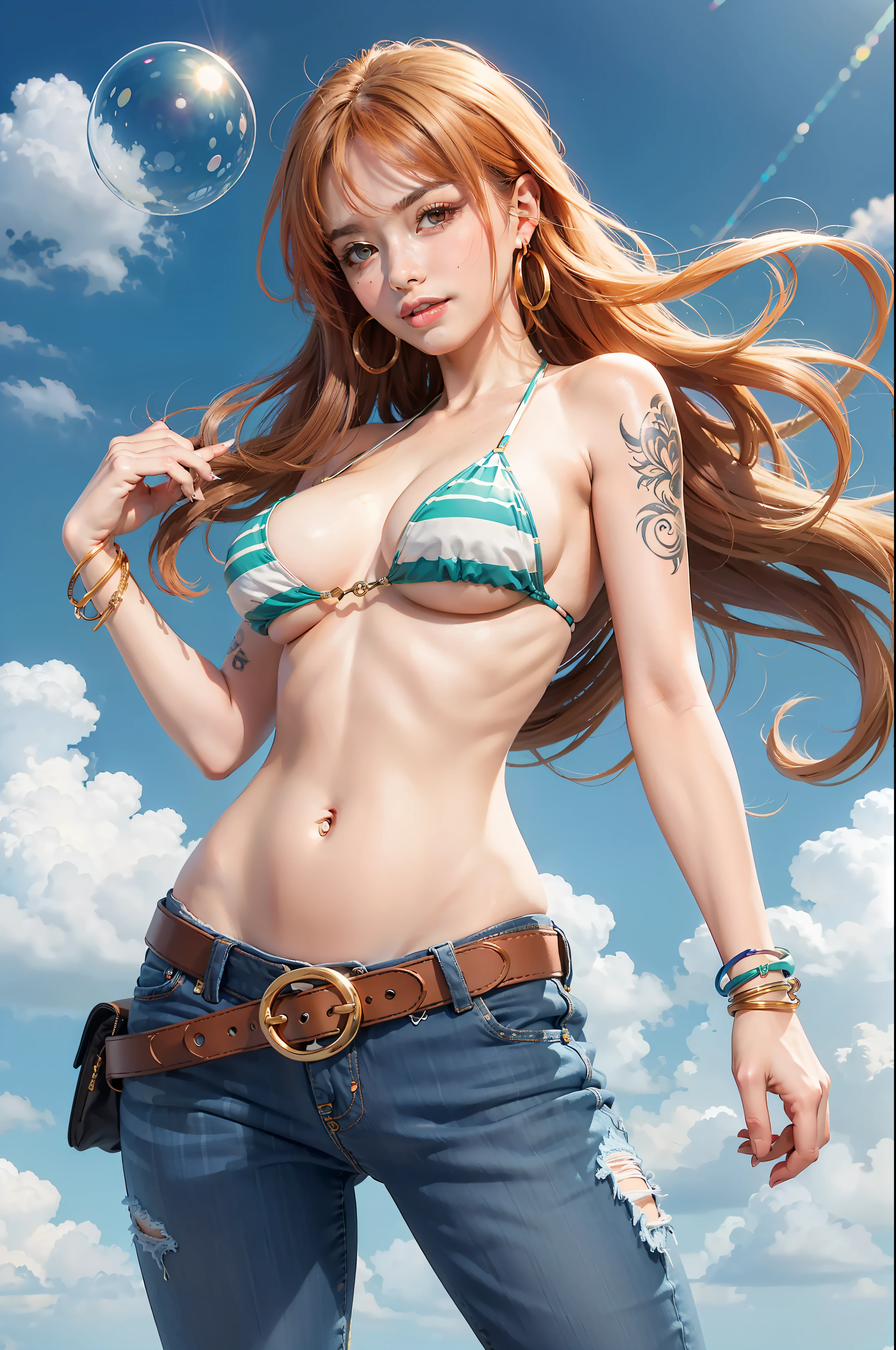 super high resolution, dramatic angle, nami \(one piece\), 1girl, bangle, bangs, bare shoulders, belt, bikini, bikini top only, blue sky, bracelet, breasts, brown eyes, bubble, cleavage, cloud, cowboy shot, day, denim, earrings, floating hair, green belt, green bikini, groin, jeans, jewelry, large breasts, log pose, long hair, looking at viewer, navel, orange hair, pants, shoulder tattoo, sidelocks, sky, smile, solo, standing, stomach, swimsuit, tattoo , ((masterpiece))