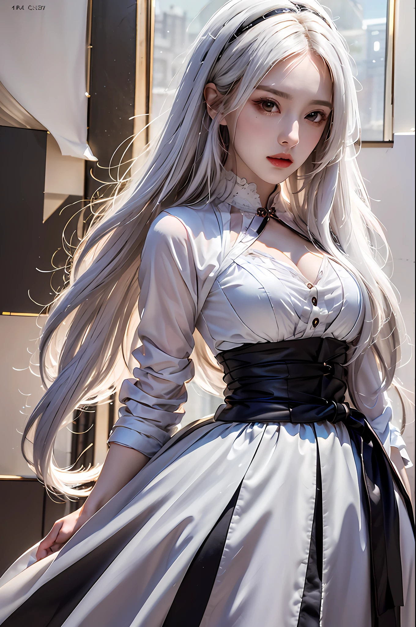 best quality, masterpiece, ultra-detailed, detailed light, (RAW photo:1.2), (photorealistic:1.4),(masterpiece:1.3),(best quality:1.4), 1girl, solo, waist up, white hair, long hair, dress, fashional accessory