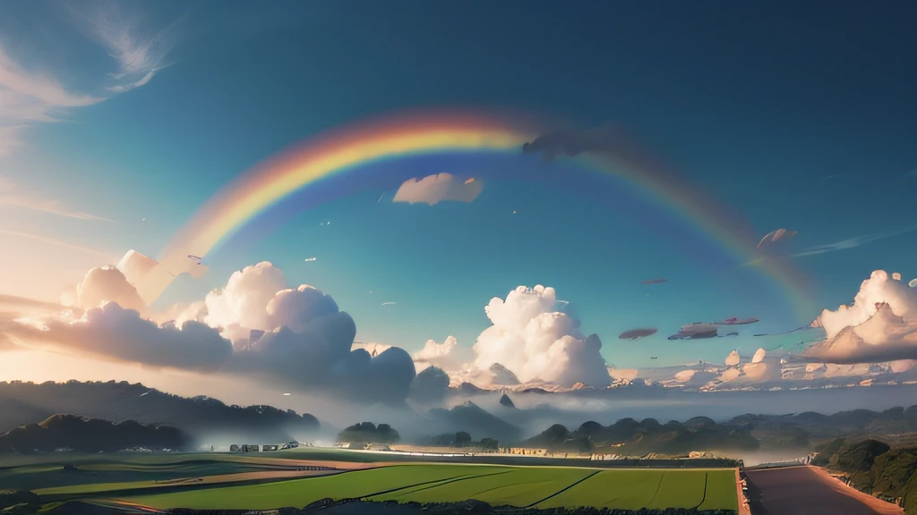 campo aberto verde, arco iris no ceu, ceu nublado cheio de nuvens brancas