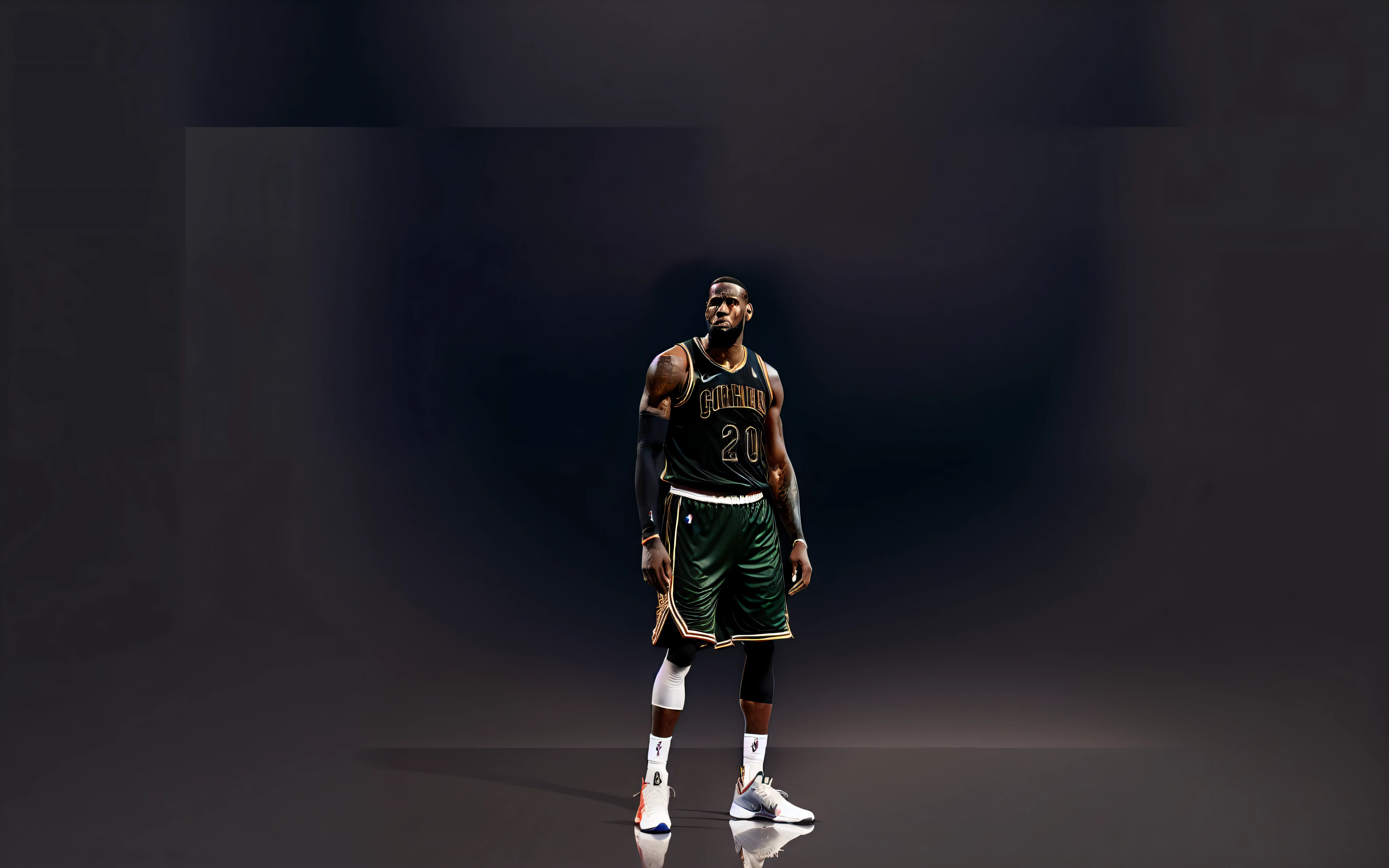 ((best quality)), realistic render, NBA basketball, LeBron James, full-body standing pose, powerful and strong, muscular and toned physique, sweat glistening on skin, fierce determination in his eyes, hardwood court, stadium lights, dynamic camera angle.