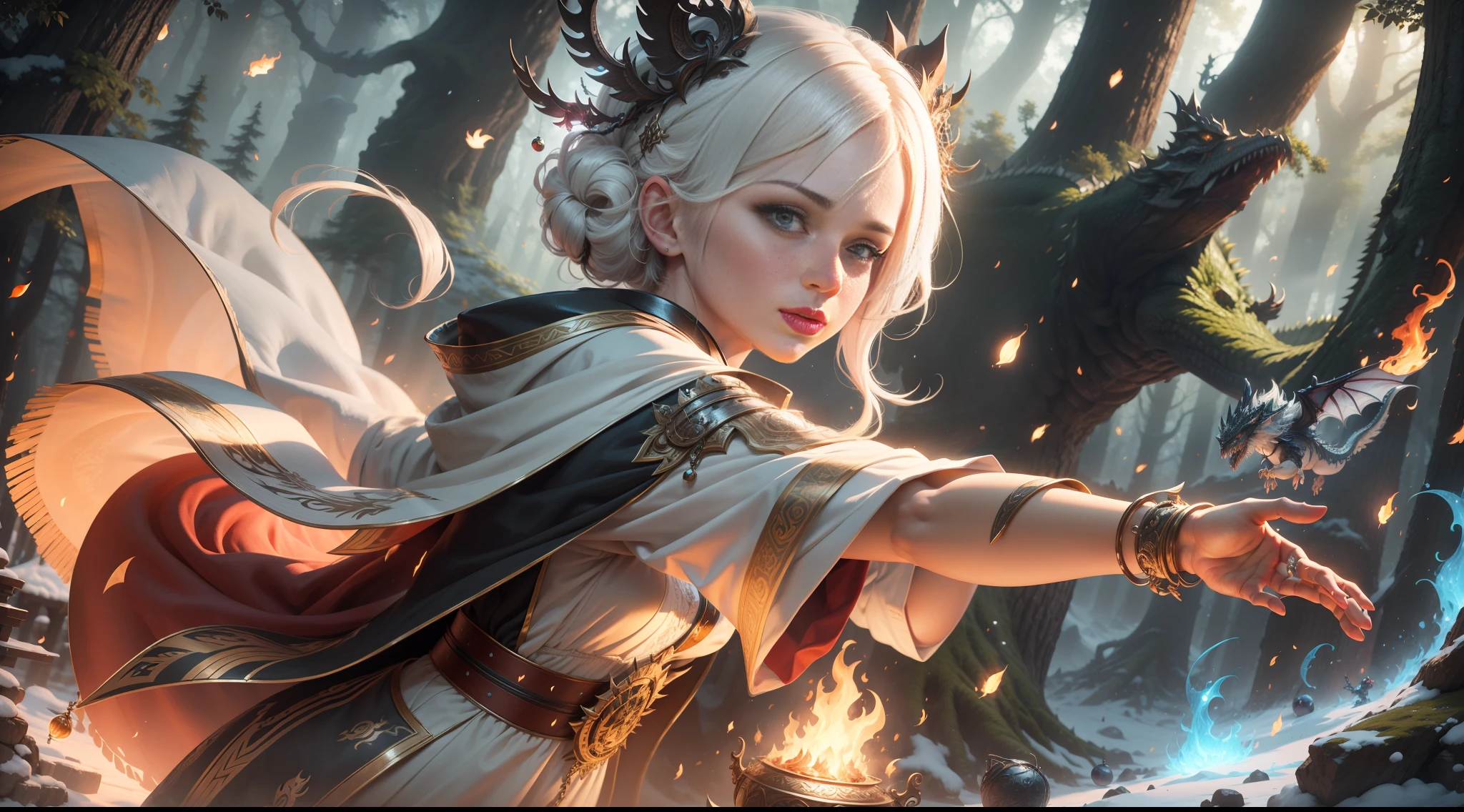 masterpiece,best quality,ultra-detailed,extremely detailed CG unity 8K wallpaper,panorama,1 girl,female magician,white hair,Grey robe,Raise her hand,a ball of fire,a flying dragon,dark forest,snowfield