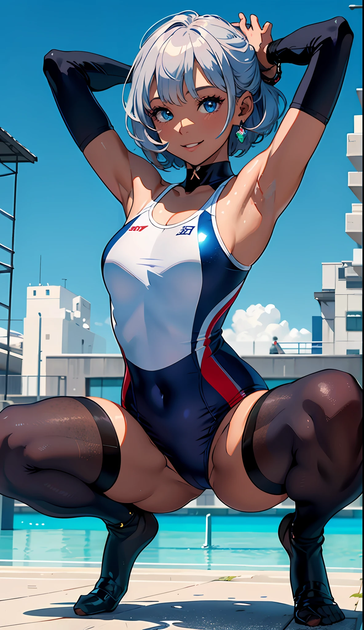Girl in 1、masterspiece、Detailed beautiful face、Bright lighting、daytime、Detailed beautiful eyes、highly resolution、Ultra-fine illustration、extremelydelicateandbeautiful、beste Quality、The whole body is shown、Squatting、squattting、Open both knees、独奏, 10s、(Dark skinned:1.5), (silver-hair, short cuts、Bob Hair、Blue eyes),smile on face、Smiled face、Hair tied at the back、Curvaceous, (lustrous Some hair, glossy eyes, shinny skin), (shining skin:1.2), 、thights、arm behind head、Raise your arms、armpit、front facing、(small tits),((Competitive swimsuit)),Pichi Pichi clothes、enamel、ratex、Short skirt、The navel is visible、pelvis curtain、Armpits、smile on face、black thighhighs、Watch your audience、under-boobs、Black belly、Blushed、sweats、Jeweled、Parting lips、pantyhose、Blushing cheeks、tiptoes、highheel、gloves、Elbow Gloves、ta
