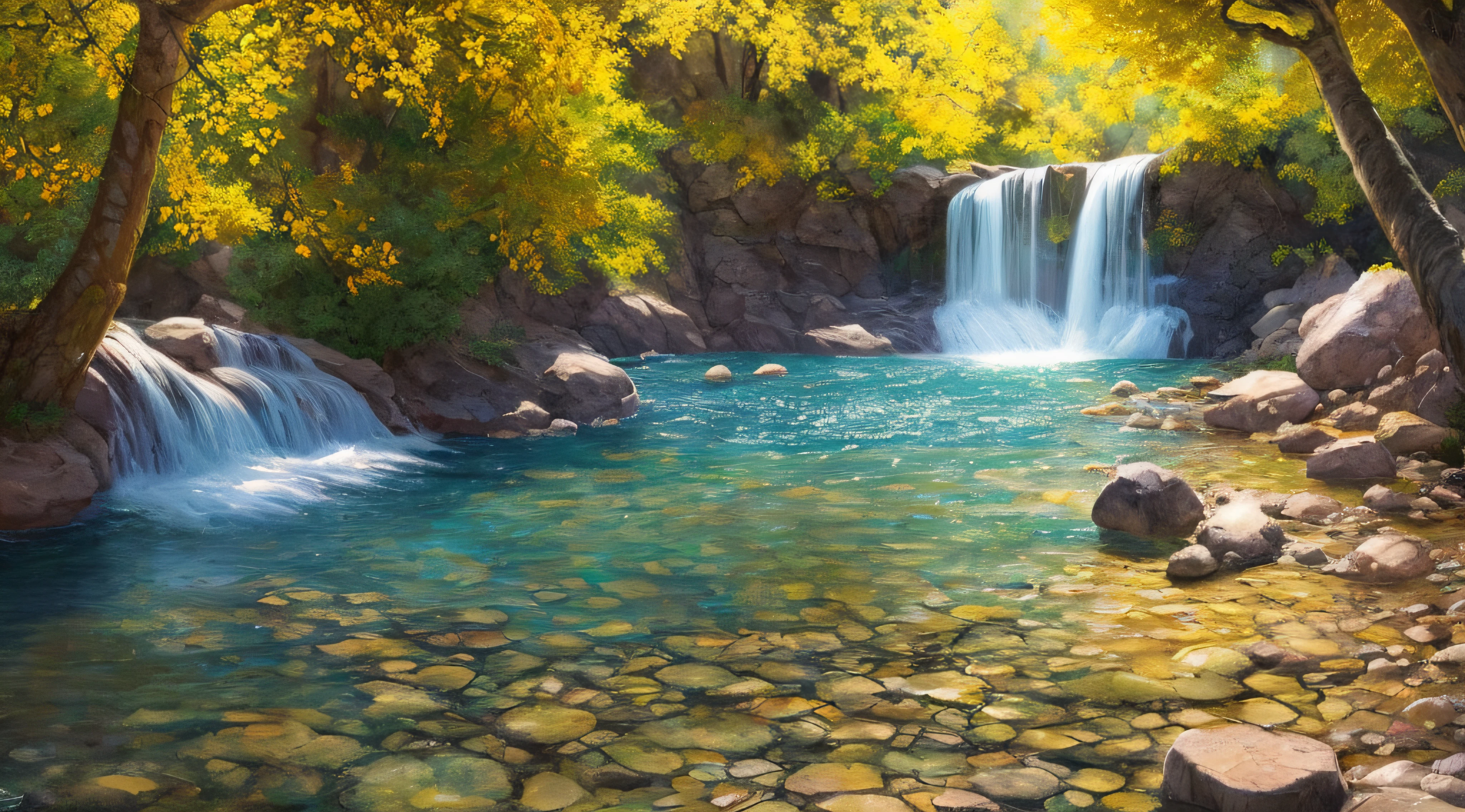 style, ChromaV5, nvinkpunk, (extremely detailed 8k CG unit wallpaper), An illustration of a bright and majestic waterfall falling on a rocky cliff, illuminated by the bright sun, The water glows as it falls, casting a rainbow of colors, the surrounding landscape is lush and verdant, with tall trees and wildflowers, award-winning photography, chromatic aberration; Geometric shapes; Bokeh, depth of field, photorealistic, detailed, flower, HDR, oil painting by John Singer Sargent, Frederic Church and Thomas Moran, trend at ArtStation, trend at CGSociety, art in the middle of the journey