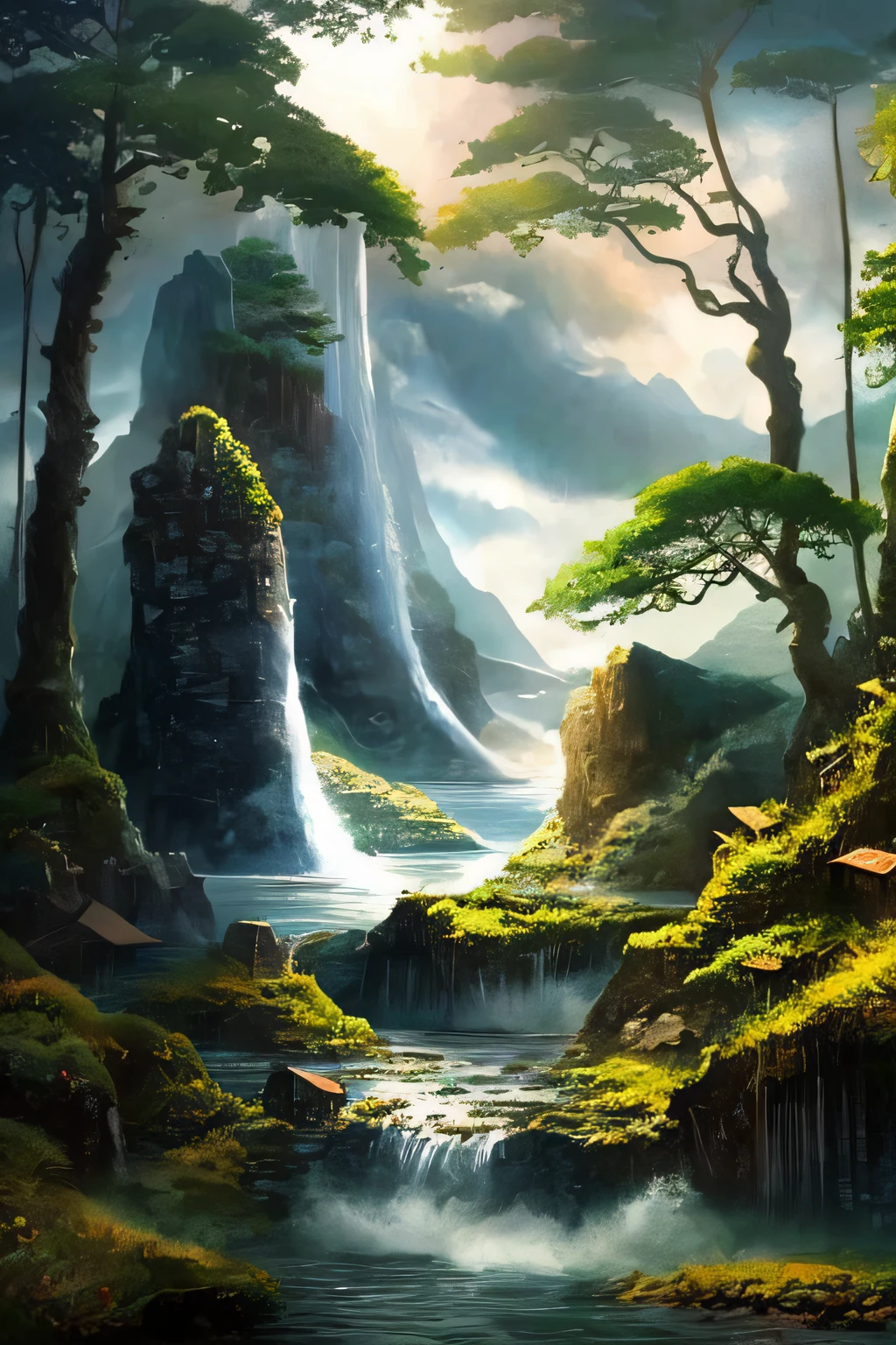 painting mountain landscape with waterfall, impressive fantasy landscape, fantasy art landscape, epic dream fantasy landscape, epic fantasy landscape, high fantasy landscape, fantasy matte painting, cute, fantasy landscape, fantasy landscape, fantasy landscape painting, fantasy digital painting, matte fantasy painting, mystery fantasy landscape, atmospheric fantasy setting, medieval fantasy landscape, detailed matte fantasy painting