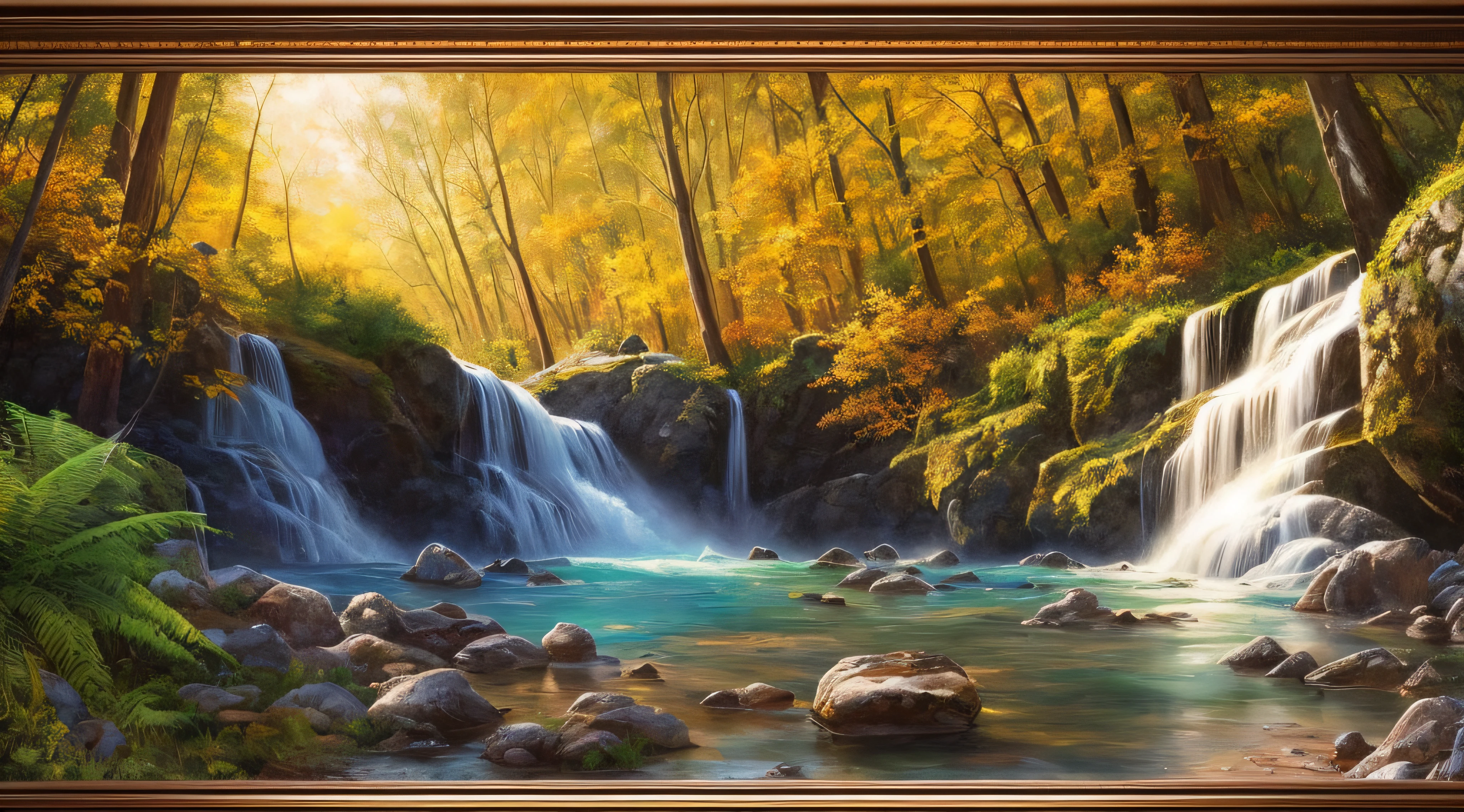 style, ChromaV5, nvinkpunk, (extremely detailed 8k CG unit wallpaper), An illustration of a bright and majestic waterfall falling on a rocky cliff, illuminated by the bright sun, The water glows as it falls, casting a rainbow of colors, the surrounding landscape is lush and verdant, with tall trees and wildflowers, award-winning photography, chromatic aberration; Geometric shapes; Bokeh, depth of field, photorealistic, detailed, flower, HDR, oil painting by John Singer Sargent, Frederic Church and Thomas Moran, trend at ArtStation, trend at CGSociety, art in the middle of the journey