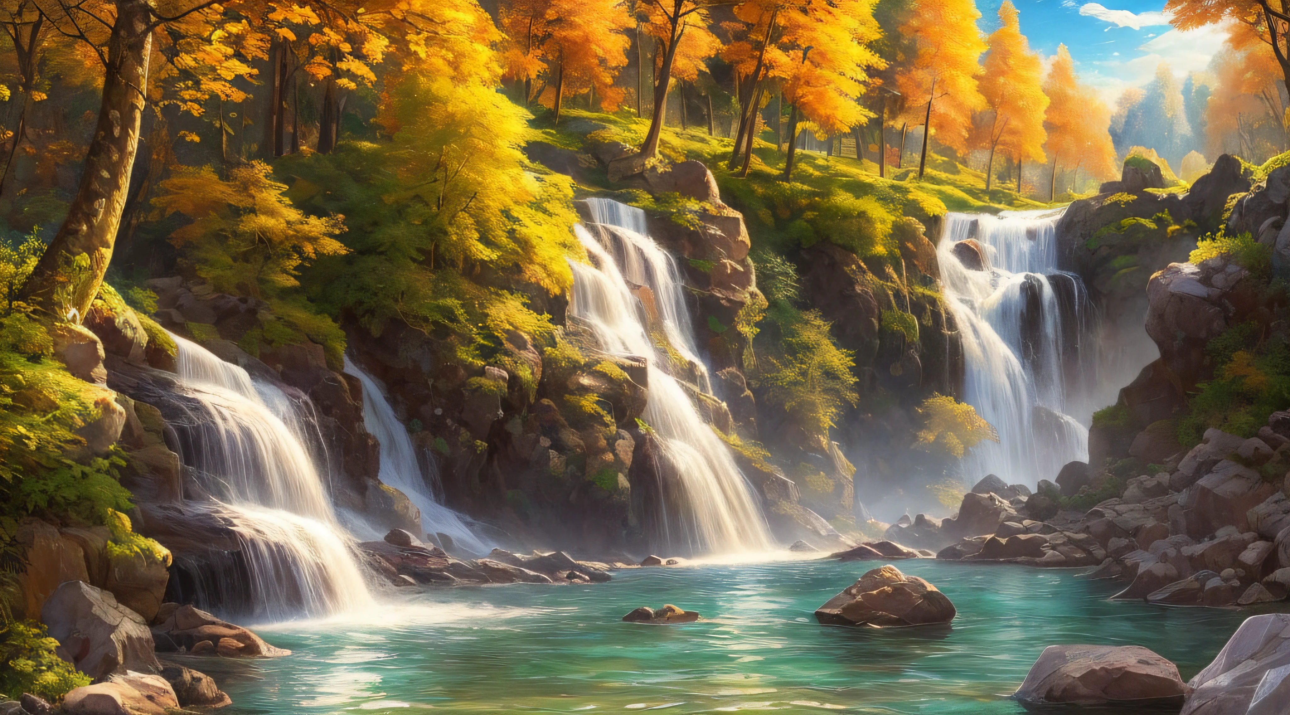 style, ChromaV5, nvinkpunk, (extremely detailed 8k CG unit wallpaper), An illustration of a bright and majestic waterfall falling on a rocky cliff, illuminated by the bright sun, The water glows as it falls, casting a rainbow of colors, the surrounding landscape is lush and verdant, with tall trees and wildflowers, award-winning photography, chromatic aberration; Geometric shapes; Bokeh, depth of field, photorealistic, detailed, flower, HDR, oil painting by John Singer Sargent, Frederic Church and Thomas Moran, trend at ArtStation, trend at CGSociety, art in the middle of the journey