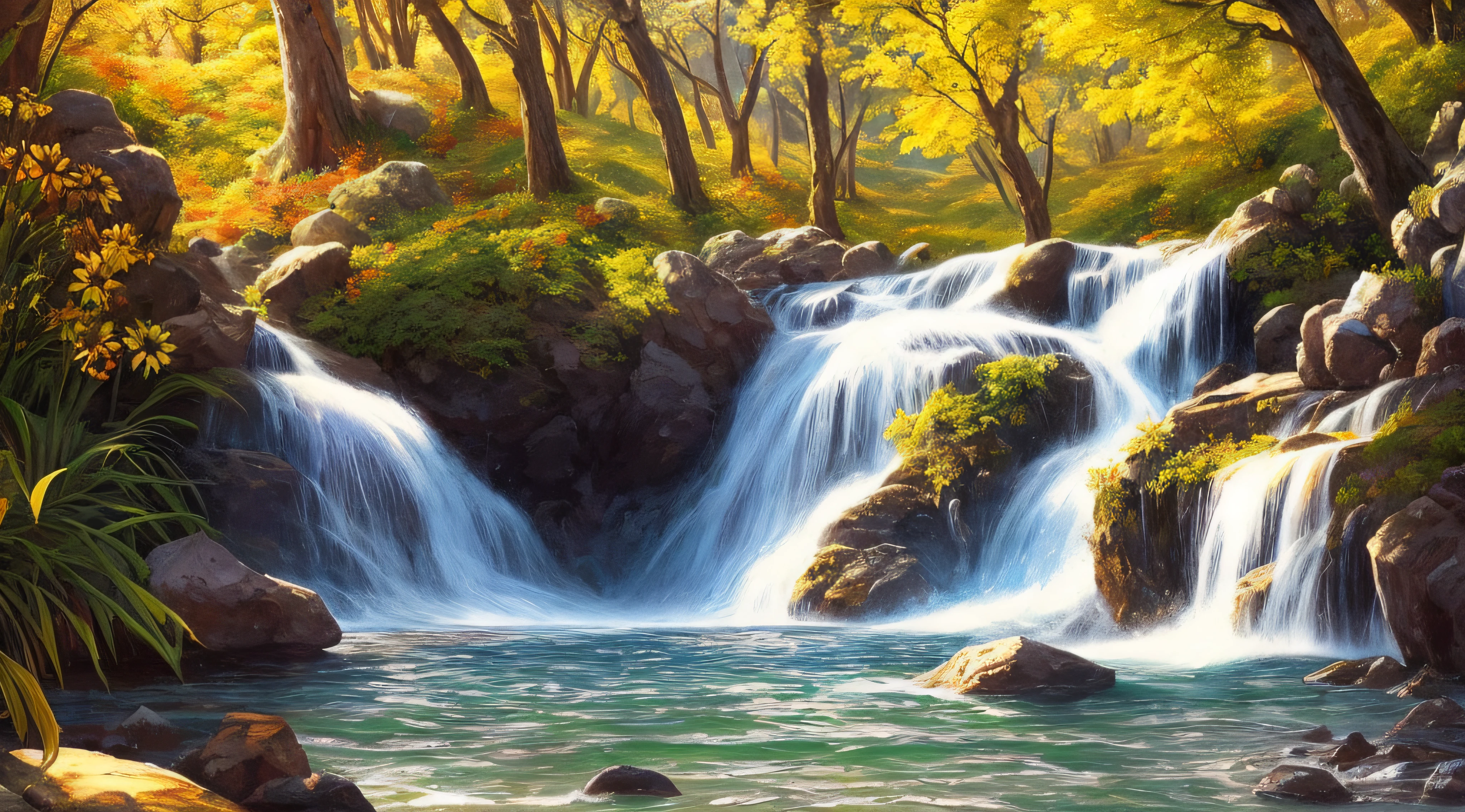 style, ChromaV5, nvinkpunk, (extremely detailed 8k CG unit wallpaper), An illustration of a bright and majestic waterfall falling on a rocky cliff, illuminated by the bright sun, The water glows as it falls, casting a rainbow of colors, the surrounding landscape is lush and verdant, with tall trees and wildflowers, award-winning photography, chromatic aberration; Geometric shapes; Bokeh, depth of field, photorealistic, detailed, flower, HDR, oil painting by John Singer Sargent, Frederic Church and Thomas Moran, trend at ArtStation, trend at CGSociety, art in the middle of the journey