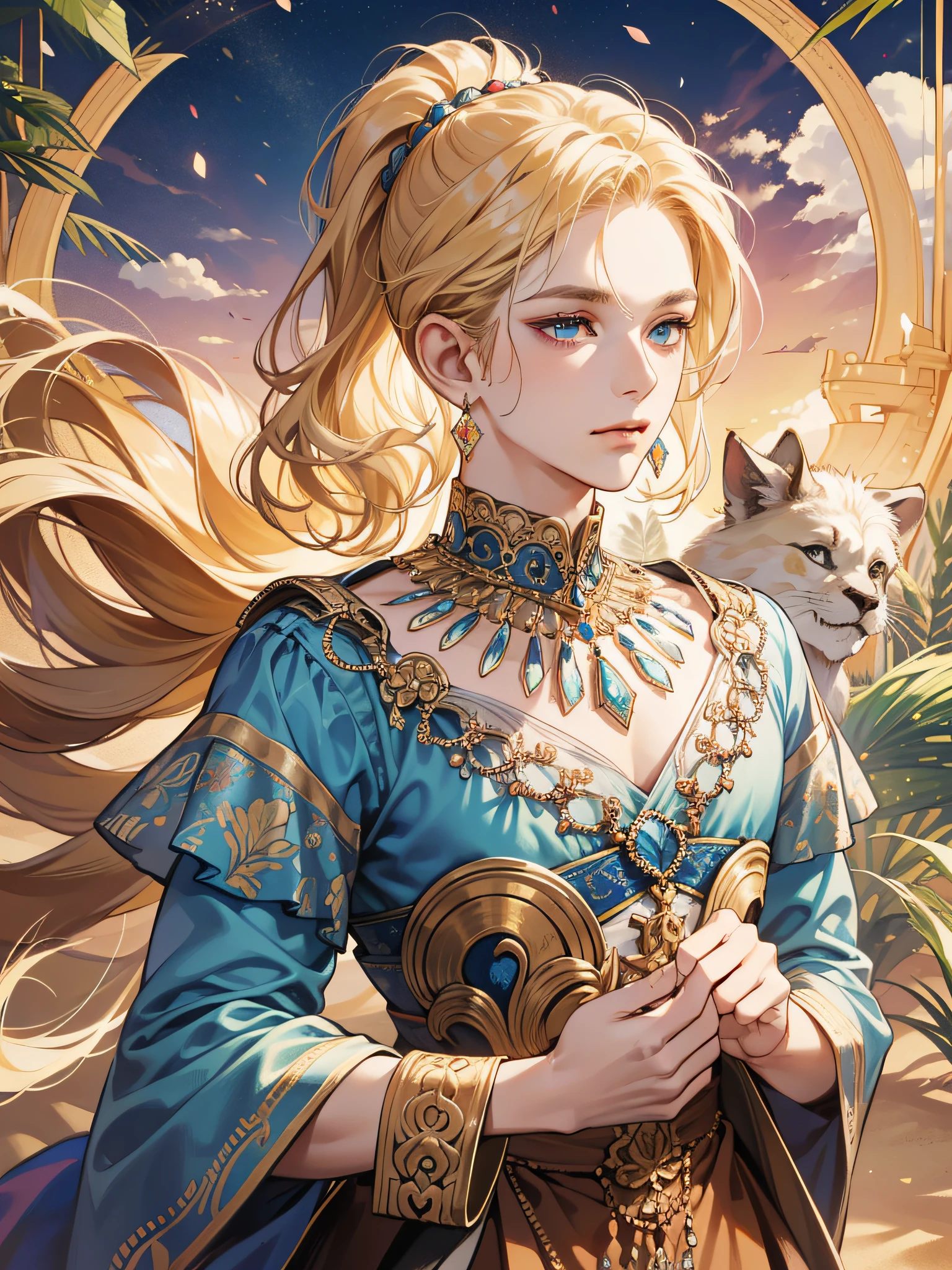 (masterpiece, absurdres, highres, ultra detailed), 1man, wavy blonde hair, blue eyes, ponytail, perfect face, male focus, femboy, flat chest, bulge, androgynous, detailed eyes and face, Islamic clothes, Arabian tribal clothes, transparent, floating, golden jewellery, earrings, necklace, playing with kids, father and children, family, intricate details, sand dunes, desert, mountains, vibrant colors, vivid colours,