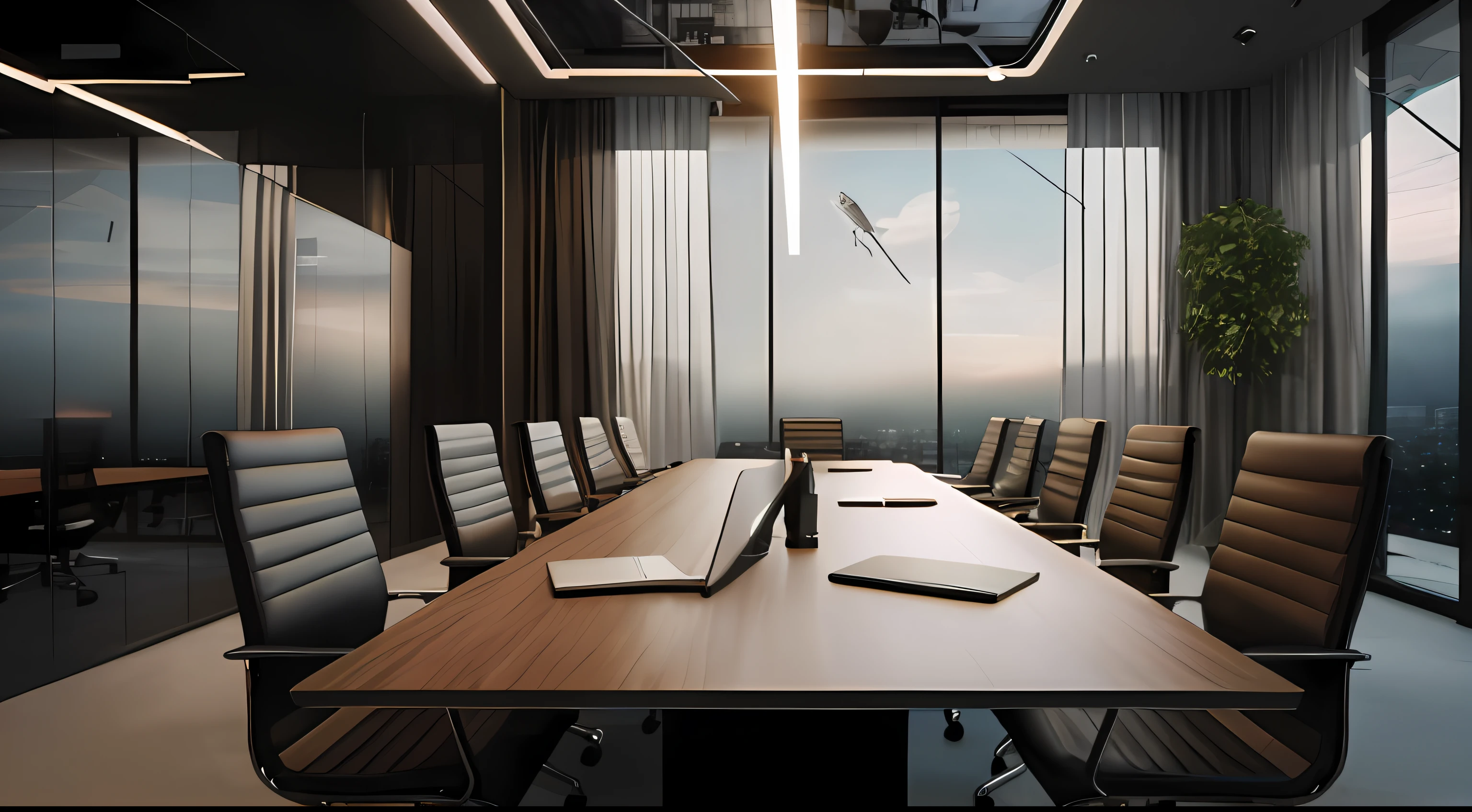 There is a large conference table，There is a laptop on it, in a meeting room, Modern office, office, graphical, office ceiling panels, Top, thumbnail, with backdrop of natural light, office room interior, office furniture, office room interior, meeting room, Realistic depiction, close portrait, stylized illustration, cubical meeting room office, high quality image, interesting background