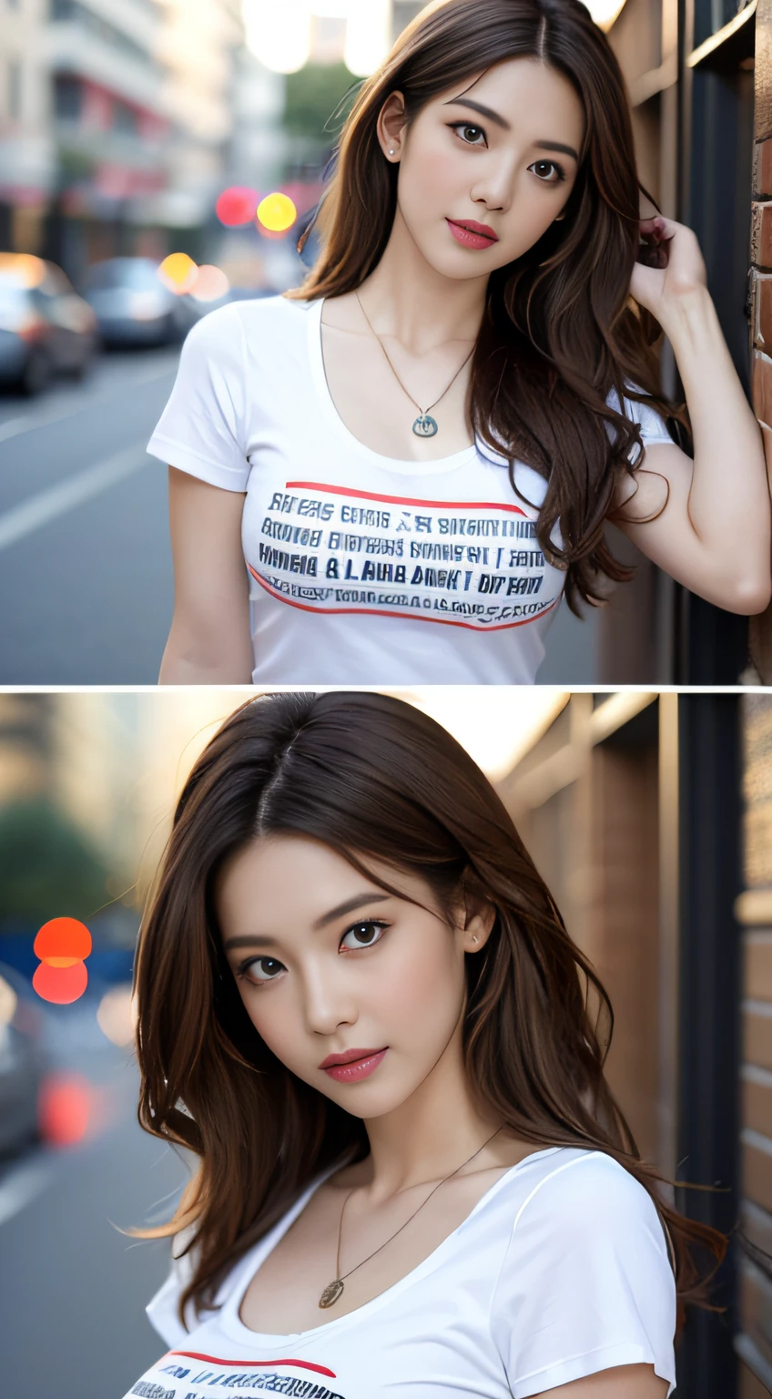 ((Realistic lighting、beste Quality、8K、Master Masterpiece:1.3))、Clear focus:1.2、a 1 girl、Perfect Body Beauty:1.4、Slim abs:1.1、s whole body、((darkbrown hair、a large breast:1.3))、(Acceleration:1.4)、(al fresco、Daylight:1.1)、View of Waikiki Beach、Palm Tree、Slender face、Fine eyes、Double eyelidd、poses of fashion models、Floating hair、T‐shirt、Pendants、