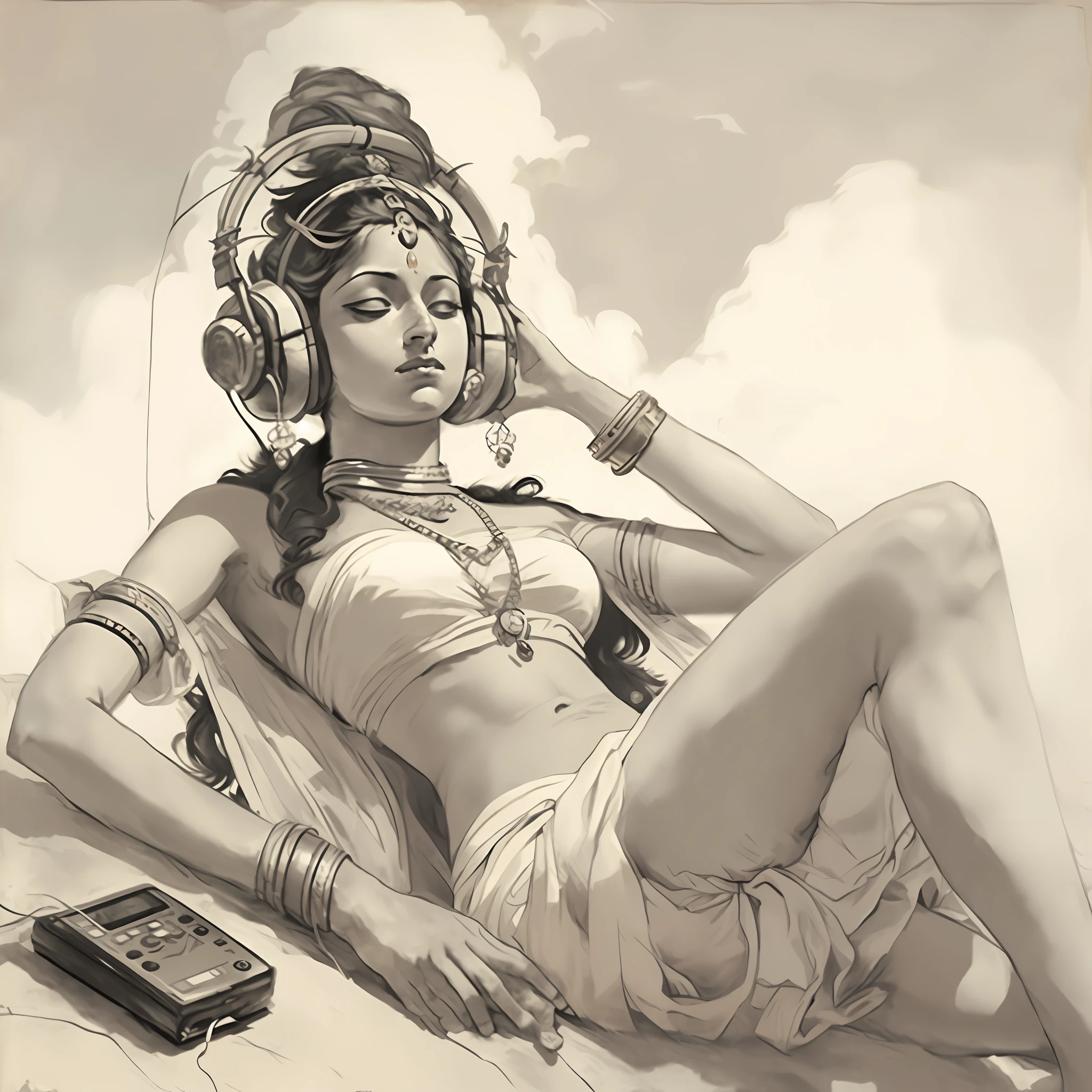 painting of a woman laying on a beach with headphones on, by Jon Foster, martin ansin, goddess. extremely high detail, craig mullins alphonse mucha, martin ansin artwork portrait, karol bak and peter mohrbacher, peter mohrbacher'', mohrbacher, artgerm', moebius and mohrbacher