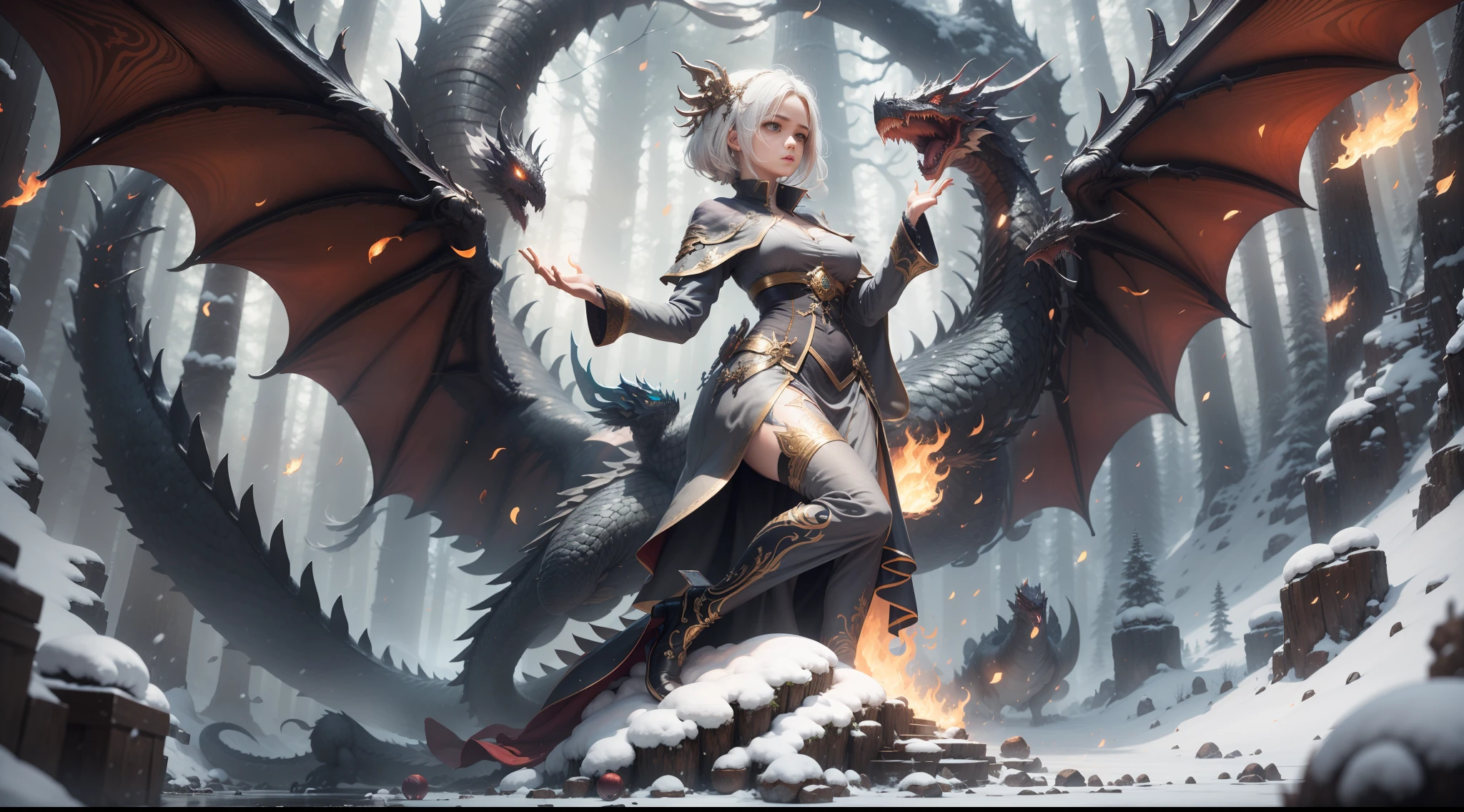 masterpiece,best quality,ultra-detailed,extremely detailed CG unity 8K wallpaper,panorama,1 girl,female magician,white hair,Grey robe,Raise her hand,a ball of fire,a flying dragon,dark forest,snowfield