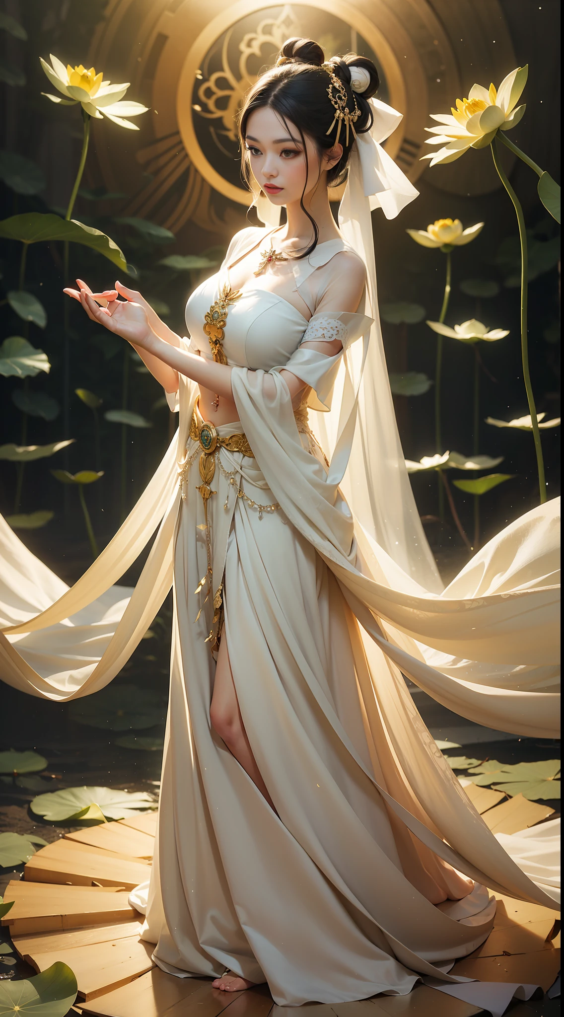 Tall lotus leaves,A beautiful woman dressed in white behind a lotus leaf,Long white gauze of clothes floating up,Dance movements,Lotus forest,Artistic photos,pure color background,Contre-Jour,high-definition,high qulity