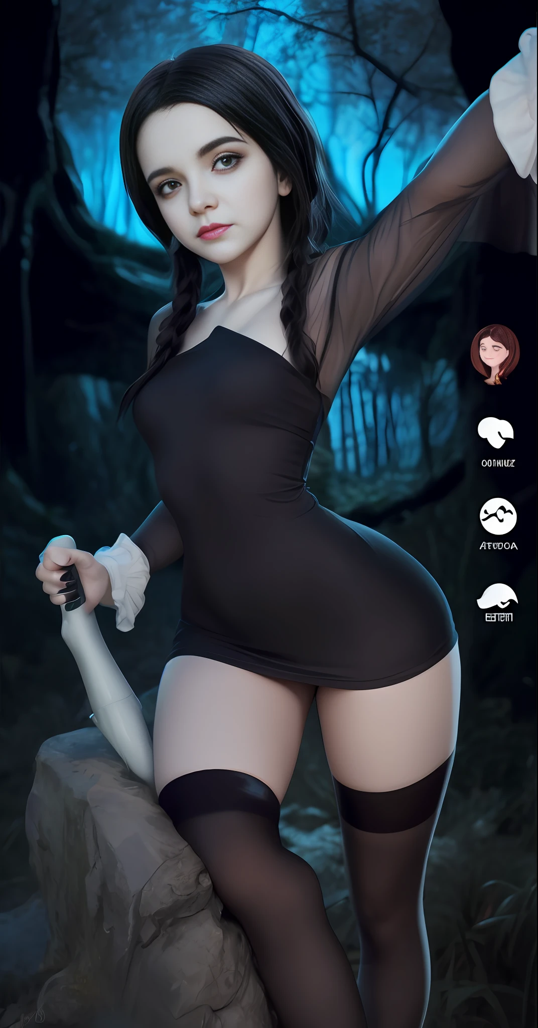 um close up de uma mulher em um vestido preto segurando uma faca, Arte no estilo de Guweiz, thicc, 2 b, 2b, Guweiz, Succubus em vestido curto apertado, corpo inteiro!, Tifa Lockhart, Quarta-feira Addams, Artgerm e Atey Ghailan, corpo completo do personagem, Artgerm extremamente detalhado, extremamente realista