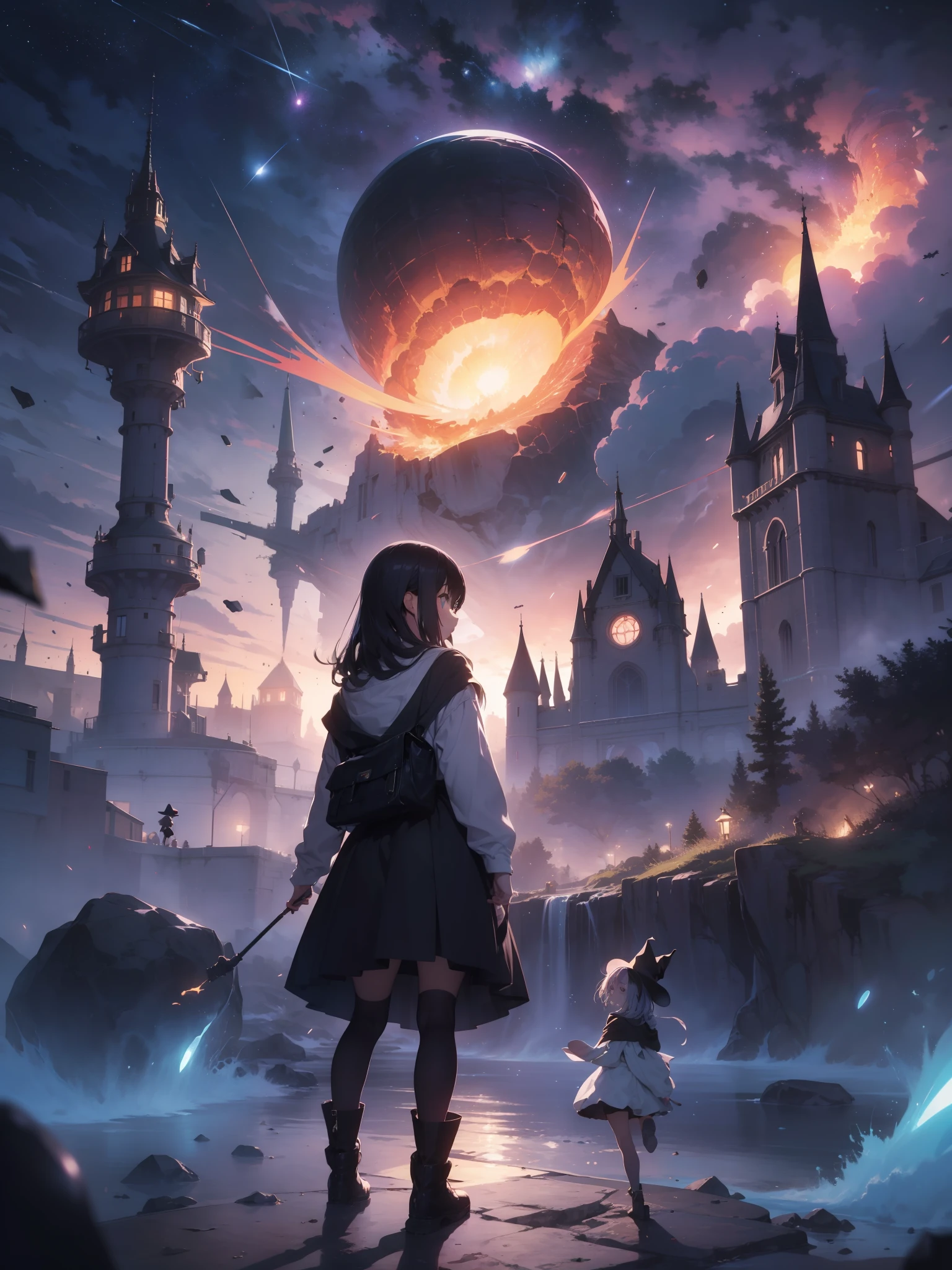 Draw a picture of a girl with her back to the camera， standing on a research platform floating in the middle of an asteroid belt，The background is a dreamy magical world，girl is watching the sky,surrounded by several asteroids glowing with fiery auras BREAK Dramatic lighting from distant stars and planets illuminates the scene, A huge enchanted castle stands above the distant picture，There are colorful meteors streaking across the sky,turn her back on viewers , from behind,Realistic,4k highly detailed digital art,octane rendered,officlal art,Masterpiece,Precise composition,solo person，Witch costume