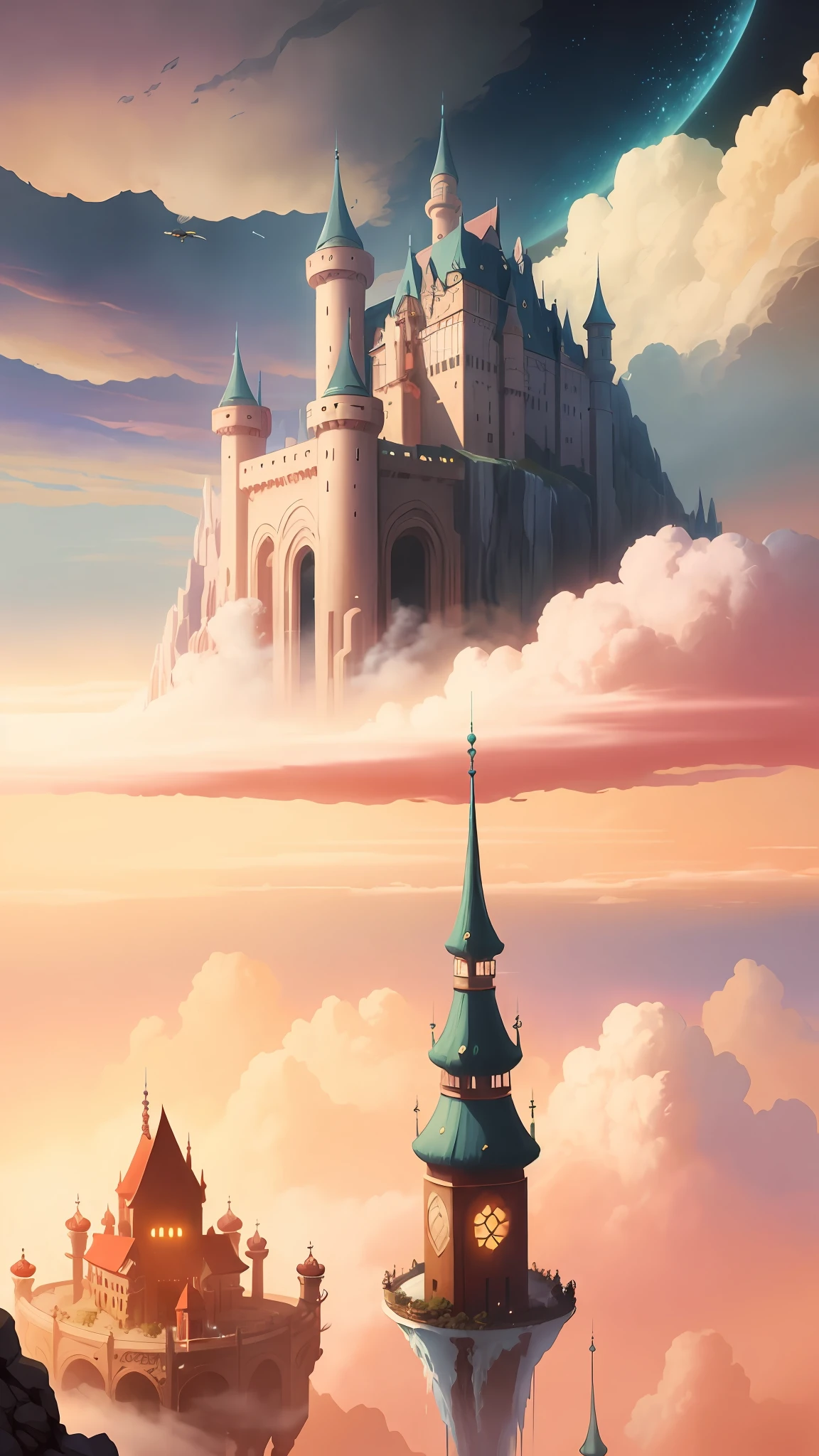 a drawing,A man sits on a rock in a cloud, A microcosm of a strange world,Crazy and grotesque,water fall,Yamakawa,The City of Magic,crazy detail,elegantly,Artistic gems and bee bee bee masterpieces,Art and Beeper height,jessica rossier fantasy art,Science-fi digital art illustration, epic fantasy sci fi illustration,author:Christopher Baraskas,High quality digital concept art,Movie beep code,Symmetrical concept art beautiful fantasy anime, magical dream-like atmosphere, Magical atmosphere + Masterpiece, Anime fantasy artwork, flying cloud castle, palace floating in the sky, floating city in the sky, floating lands in-clouds, anime fantasy illustration, an immense floating castle, Cloud Palace, dreamy psychedelic anime, wide angle fantasy art