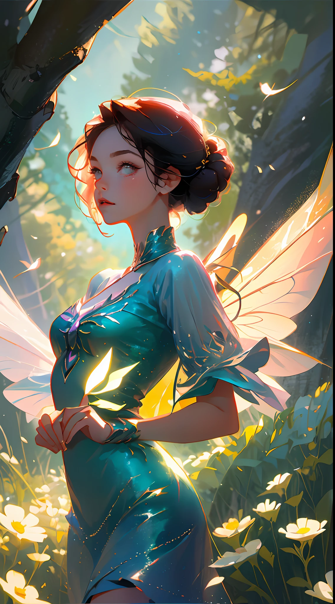(Best Quality, Masterpiece), 1girl, Pose, Particle, Wind, Flower, Upper Body, Blue-Pink Color Scheme, Simple Background, Looking at the Viewer, Flower Fairy, Wings, Forest,