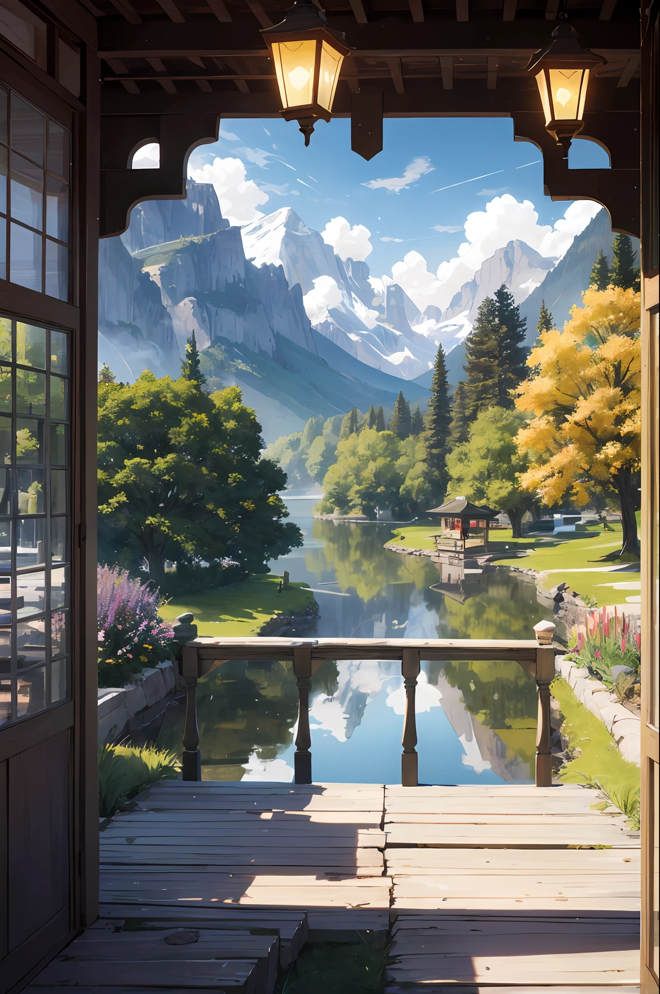 Evening by the lake,The sun shines on the lake,It's like it's sprinkled with golden diamonds。The breeze blows through,The flowers on the grass sway gently,Bursts of fragrance。
A small wooden bridge spans the lake,It is carefully carved,It presents a quaint charm。Several antique lanterns are lined up on the bridge,The lights are warm and soft,Cast a faint glow。
At the other end of the bridge is a beautiful sea of flowers,Colorful flowers bloom in a picturesque landscape。Red roses、Purple lavender、White tulips intertwined with each other,It's like a gorgeous oil painting。
There is a small pavilion by the lake,The pavilion is crawling with green vines,It seems to be an emerald green picture given by nature。Inside the pavilion is a delicate coffee table and several elegant rattan chairs,Let people sit down and enjoy a cup of tea,Enjoy the beautiful scenery reflected on the lake。
Mountains loom in the distance,Clouds surround it,It's like a fairyland。The setting sun shines obliquely at the foot of the mountain,It sets off a fuchsia dream。
There is a young couple on the path by the lake,Hand in hand,Take a leisurely stroll。A few colorful butterflies flew around them,It seems to be adding a touch of romance to their beautiful moments。
At the moment,Time seems to freeze,Everything became peaceful and beautiful。This beautiful scene is like a perfect painting,It's heart-wrenching,It's like being in a fairytale world。