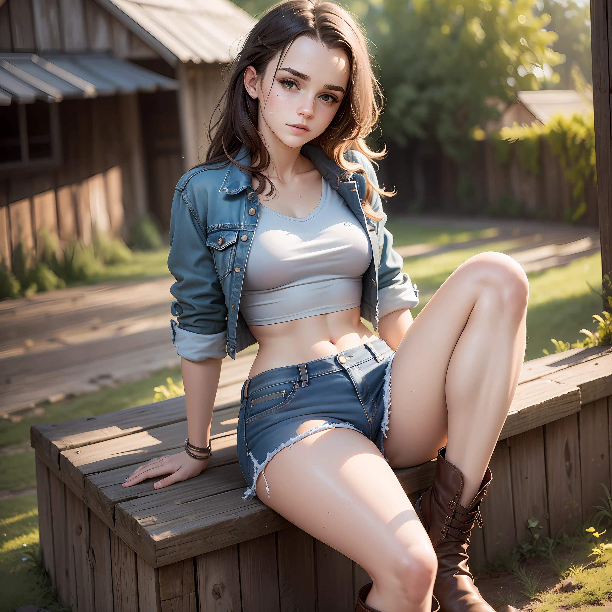 teen emma watson sitting on the barn. slender and perfect figure. tight denim shorts. crop top. freckles, beautiful face. sparkly skin. sparkly eyes. masterpiece, intricate detail. boots.