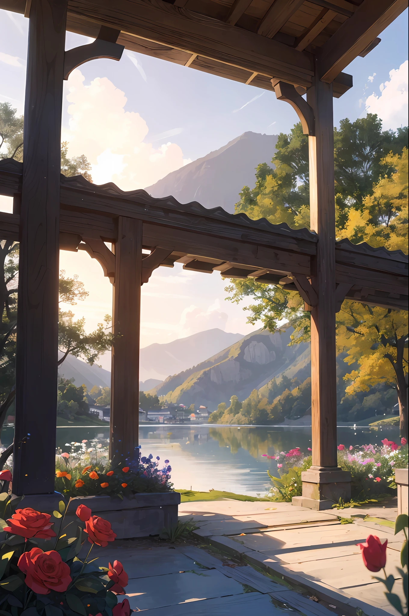 Evening by the lake，The sun shines on the lake，It's like it's sprinkled with golden diamonds。The breeze blows through，The flowers on the grass sway gently，Bursts of fragrance。

A small wooden bridge spans the lake，It is carefully carved，It presents a quaint charm。Several antique lanterns are lined up on the bridge，The lights are warm and soft，Cast a faint glow。

At the other end of the bridge is a beautiful sea of flowers，Colorful flowers bloom in a picturesque landscape。Red roses、Purple lavender、White tulips intertwined with each other，It's like a gorgeous oil painting。

There is a small pavilion by the lake，The pavilion is crawling with green vines，It seems to be an emerald green picture given by nature。Inside the pavilion is a delicate coffee table and several elegant rattan chairs，Let people sit down and enjoy a cup of tea，Enjoy the beautiful scenery reflected on the lake。

Mountains loom in the distance，Clouds surround it，It's like a fairyland。The setting sun shines obliquely at the foot of the mountain，It sets off a fuchsia dream。

There is a young couple on the path by the lake，Hand in hand，Take a leisurely stroll。A few colorful butterflies flew around them，It seems to be adding a touch of romance to their beautiful moments。

At the moment，Time seems to freeze，Everything became peaceful and beautiful。This beautiful scene is like a perfect painting，It's heart-wrenching，It's like being in a fairytale world。