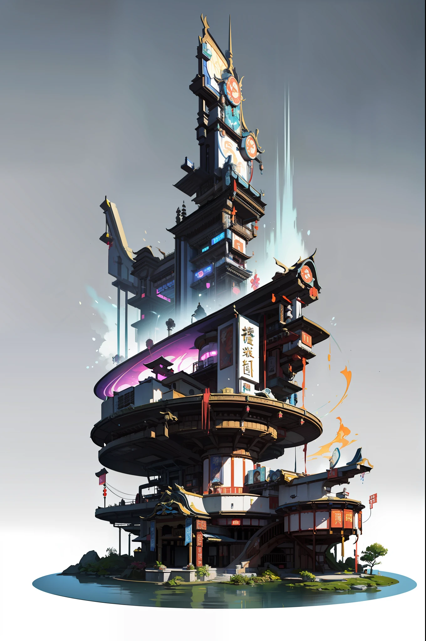 (Future science fiction,neon lit,The cyberpunk,Hologram aura、Particle effects),Game Academy,Ethno-style architecture,Ancient Chinese,Xianxia,Structurally sound、high-definition details,perfect works,White background,(杰作,premier quality,best qualitiy,officlal art,Beauty and aesthetics:1.2),(8K,best qualitiy,杰作:1.2)