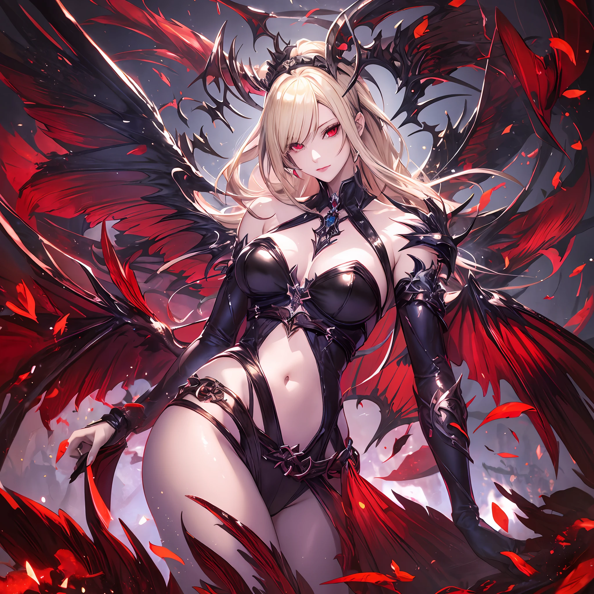 masterpiece, best quality, 1woman, adult, female focus, solo, light blonde hair, long hair, vibrant red eyes, looking at viewer, closed mouth, bangs, Fantasy aesthetics, Highly detailed, shadowverse style, full body, raven winged female vampire, beautiful succubus, epic exquisite character art, beautiful elegant demon queen, succubus, demon anime girl