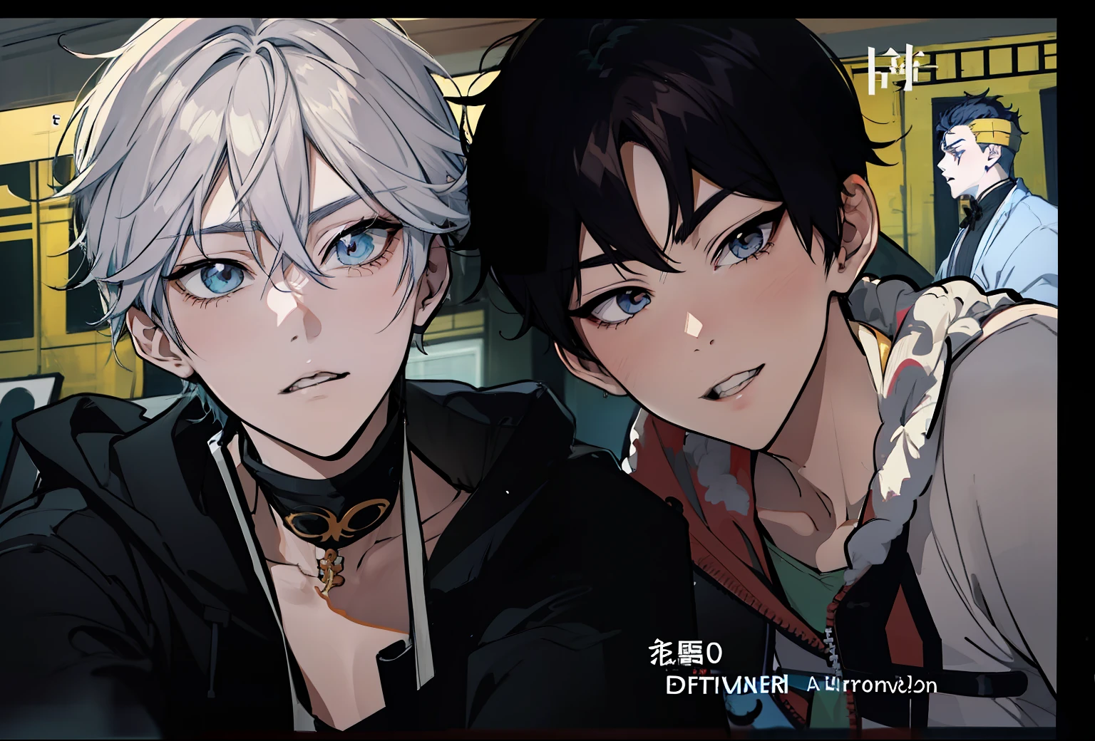 there are two people that are posing for a picture together, anime style mixed with fujifilm,, 4K], 4 k'' ], 2 b, 2b, kaworu nagisa, 35mm —W 1920 —H 1080, Cosplayer, sasoura, cosplay, hot topic anime convention, live2d, h. casting long shadows across the. D，shonen，Handsome，Male high school student，The two are facing the camera，杰作，High-quality diagrams，Anime boys，shinji