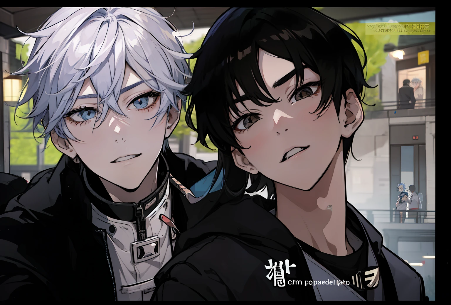 there are two people that are posing for a picture together, anime style mixed with fujifilm,, 4K], 4 k'' ], 2 b, 2b, kaworu nagisa, 35mm —W 1920 —H 1080, Cosplayer, sasoura, cosplay, hot topic anime convention, live2d, h. casting long shadows across the. D，shonen，Handsome，Male high school ，The two are facing the camera，杰作，High-quality diagrams，Anime boys，shinji