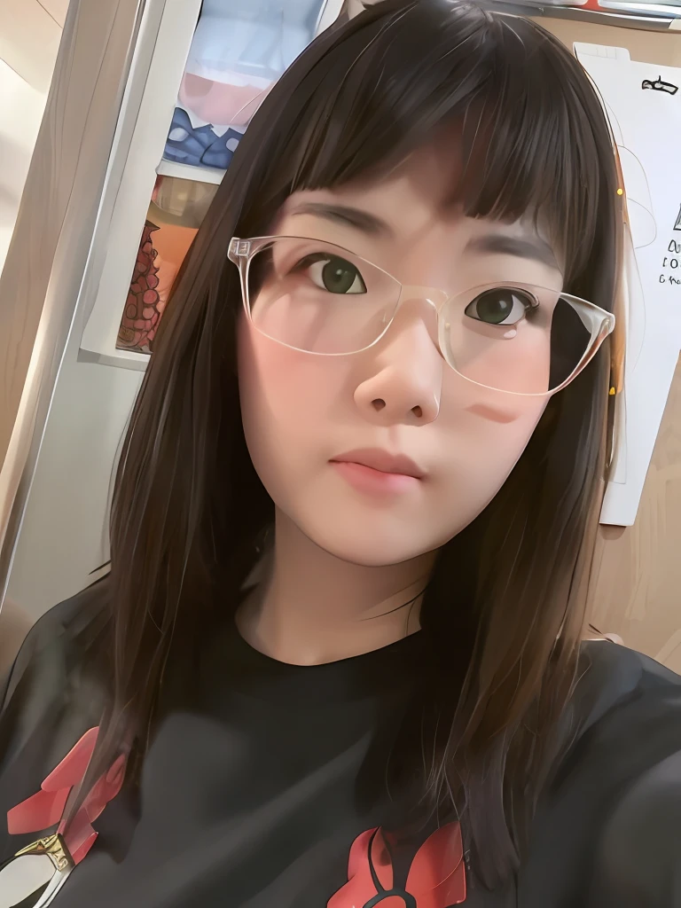 there is a woman with glasses and a black shirt posing for a picture, Round face, cuteface,transparent glasses, wearing thin large round glasses, With glasses, eye glass, Fleshy face,Fat face,Chubby face,Fleshy face,2 , 8k selfie photograph, thick glasses