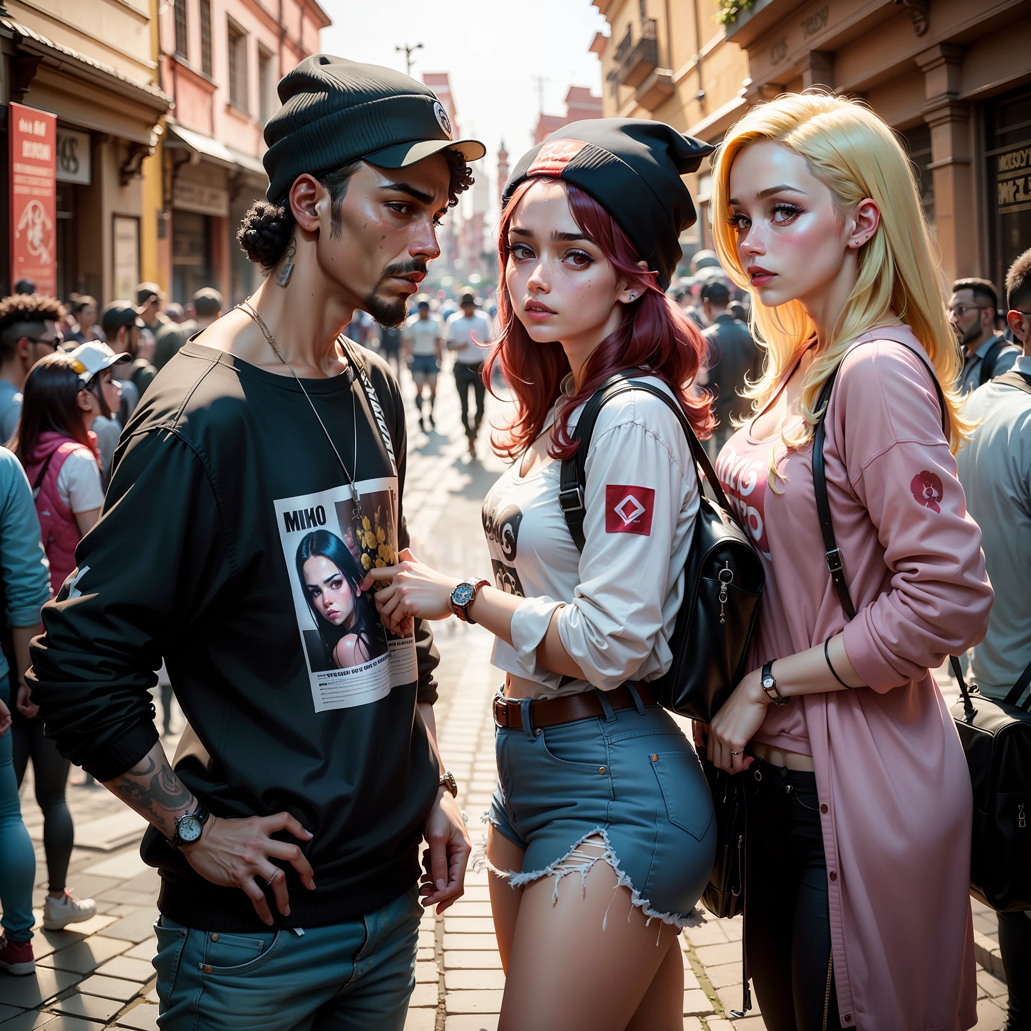 (((the center of Coyoacán))), raperos callejeros, unos drogadictos que venden pulseras, mi mejor amigo, mucha droga, kiosko, rap, hiphop, Freakis Girls, circo callejero, gente bien trabada y tronada, ladies mamonas, retrato en caricatura --auto