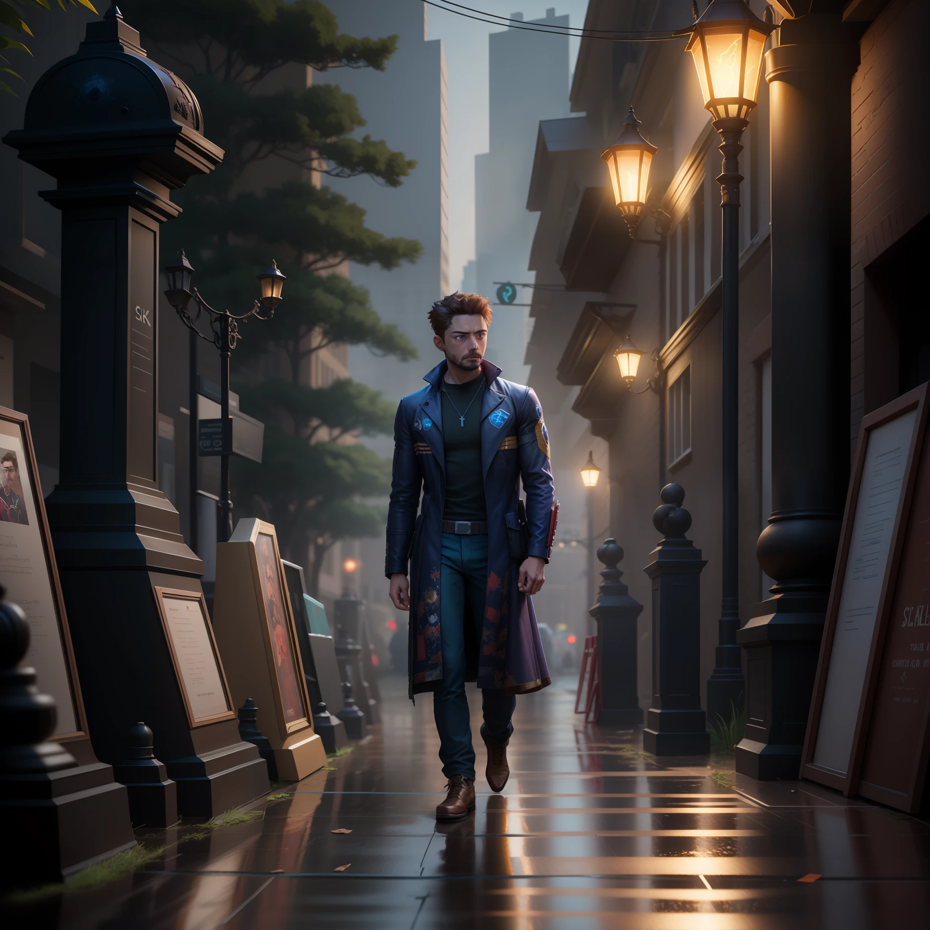 Marvel, Young Tony Stark, Realistic, Dynamic Lights, Old, Stubble, Full Shot, (Very Detailed CG Unified 8k Wallpaper), Trends on ArtStation, Trends on CGSociety, High Detail, Sharp Focus, Dramatic, Photorealistic Reality