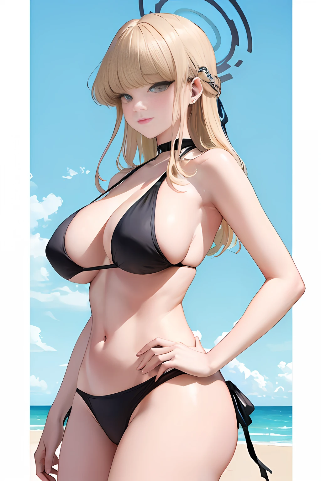 (((masterspiece、beste Quality、beste Quality、offical art、Beautifully Aesthetic:1.3)))、(((a blond)))、big buttock、opening legs、(1girls:1.5)、smile on face、(((A sexy)))、Supreme Details、(((Black bikini swimsuit)))、(shinny skin)、(many colors:1.1)、a large breast、(((huge boobs)))、thin areola