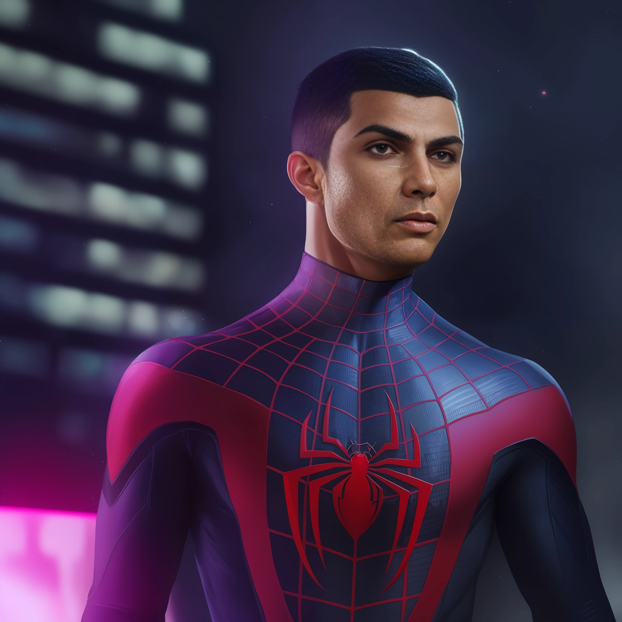 aranha - homem em um terno com uma aranha vermelha e azul, Estilo futurista Homem-Aranha, Cristiano Ronaldo como Miles Morales, fan art, Retrato do Homem-Aranha, spider - estilo de arte verso, vibrant fan art, Peter Parker, fanart requintada altamente detalhada, hero pose colorful city lighting, Tony Sart altamente detalhado