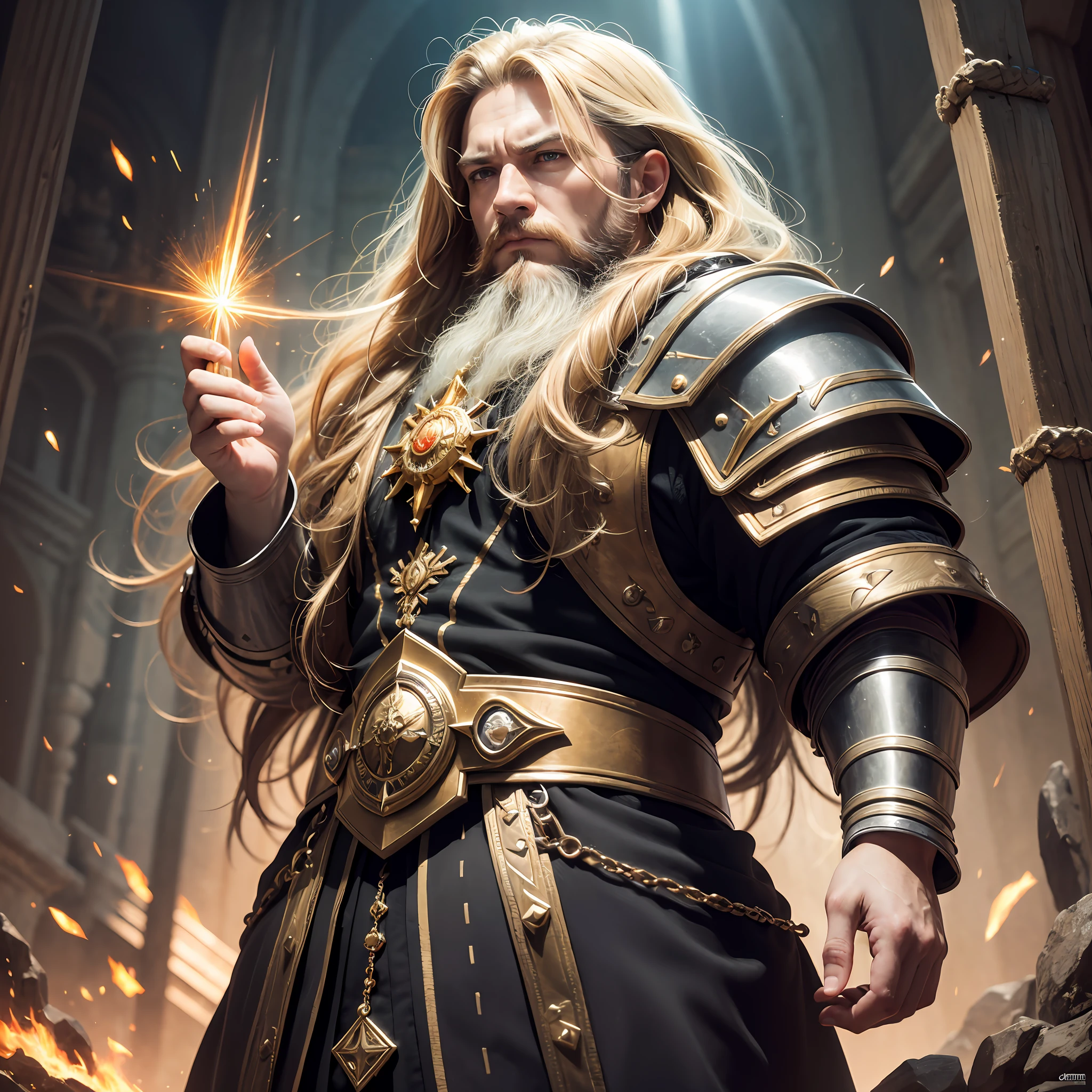 arafed, male, dwarf, fanatasy art, (Masterpiece 1.5, intense details)cleric, paladin, (Masterpiece 1.5, intense details), casting a spell (Masterpiece 1.3, intense details),wearing heavy black armor with spikes (Masterpiece 1.2, intense details), orange cloak with sun symbol, flowing (Masterpiece 1.5, intense details) holy symbol, blond hair, long braided beard, hair strand, frown, serious, high detail, Realism, Action painting, depth of field, god rays, wide shot, panorama, Ultra-Wide Angle, UHD, super detail, high quality, 4K, highres