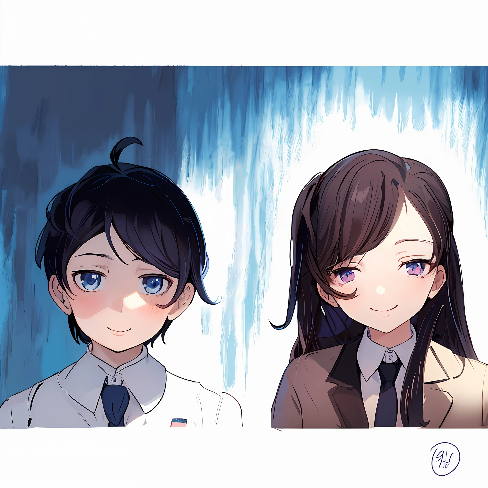 anime characters of two people in a blue and white background, in anime style, persona art style, in an anime style, anime style portrait, high quality fanart, inspired by Matsumura Goshun, [ digital art ]!!, anime artstyle, in japanese anime style, made with anime painter studio, anime art style, 2 d anime style