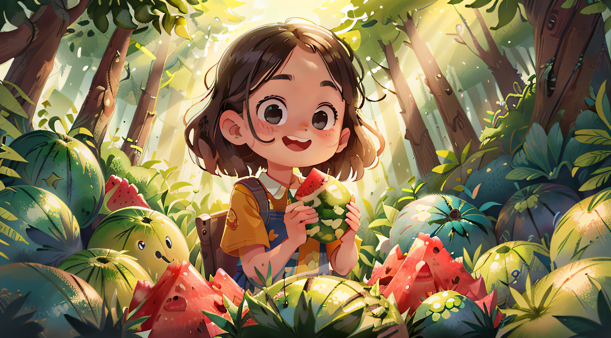 summer,Girl holding watermelon,cheerfulness,The background is the forest,Perfect quality,Clear focus,beautifully coloured,Perfect face,complicated detail,Ultra-low viewing angle,wide-shot