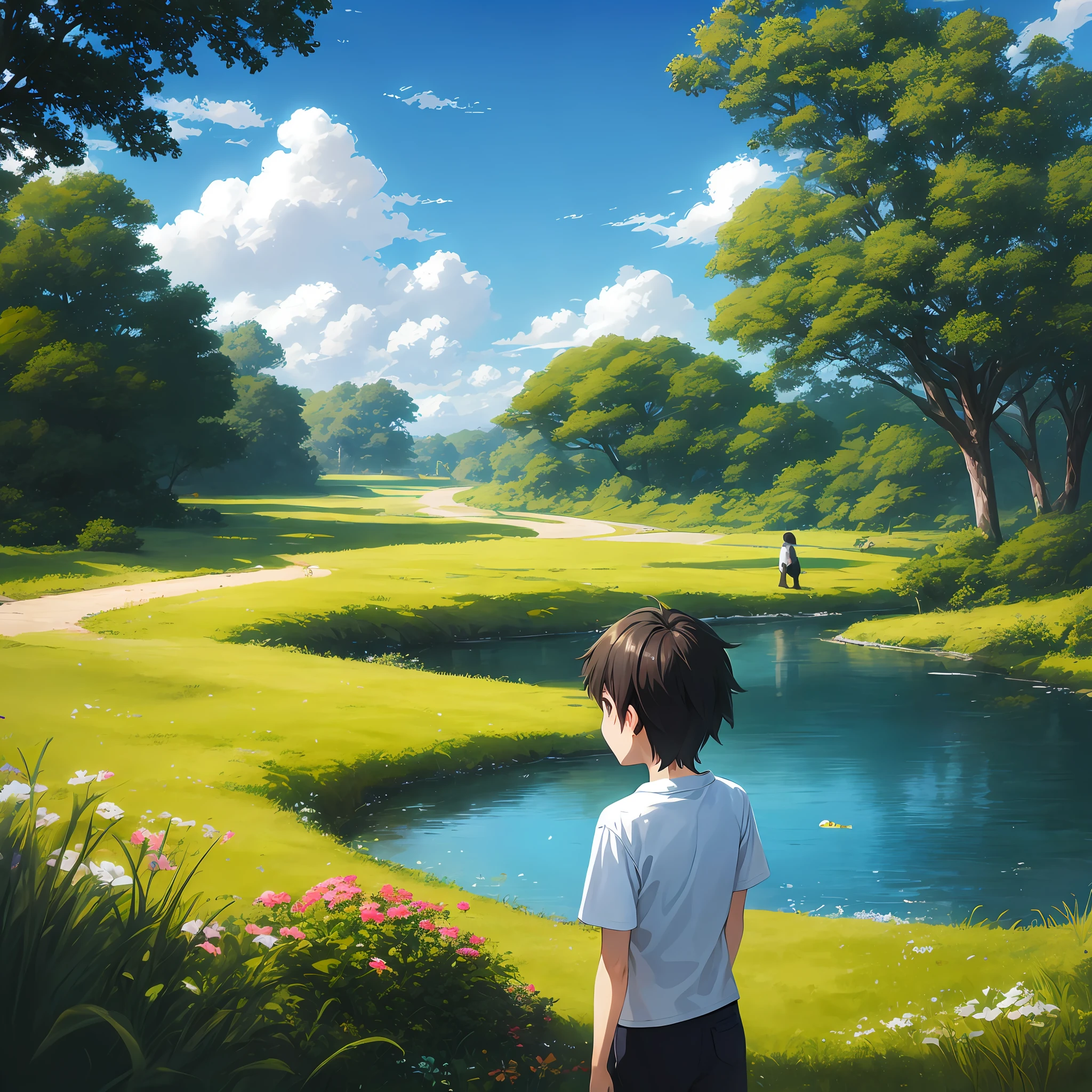 anime scene of a boy standing in a field with a pond,5 year old boy、white shirts、Black shorts、The nature of back-view anime, Makoto Shinkai!, style of makoto shinkai, Makoto Shinkai!!, Makoto Shinkai. a digital rendering, in style of makoto shinkai, anime countryside landscape, makoto shinkai art style, yusuke murata and makoto shinkai
