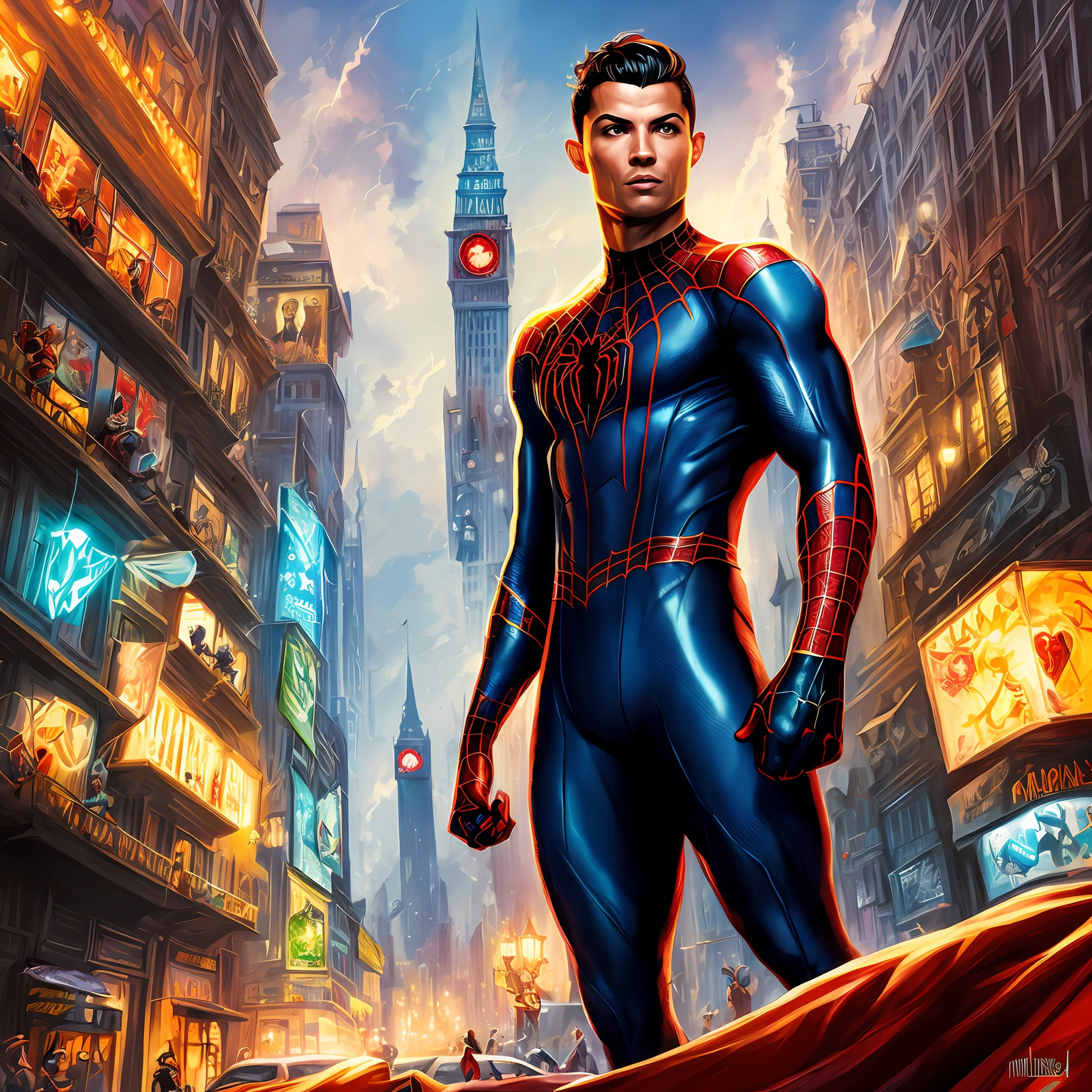 aranha - homem em um terno com uma aranha vermelha e azul, Estilo futurista Homem-Aranha, Cristiano Ronaldo como Miles Morales, fan art, Retrato do Homem-Aranha, spider - estilo de arte verso, vibrant fan art, Peter Parker, fanart requintada altamente detalhada, hero pose colorful city lighting, Tony Sart altamente detalhado --auto