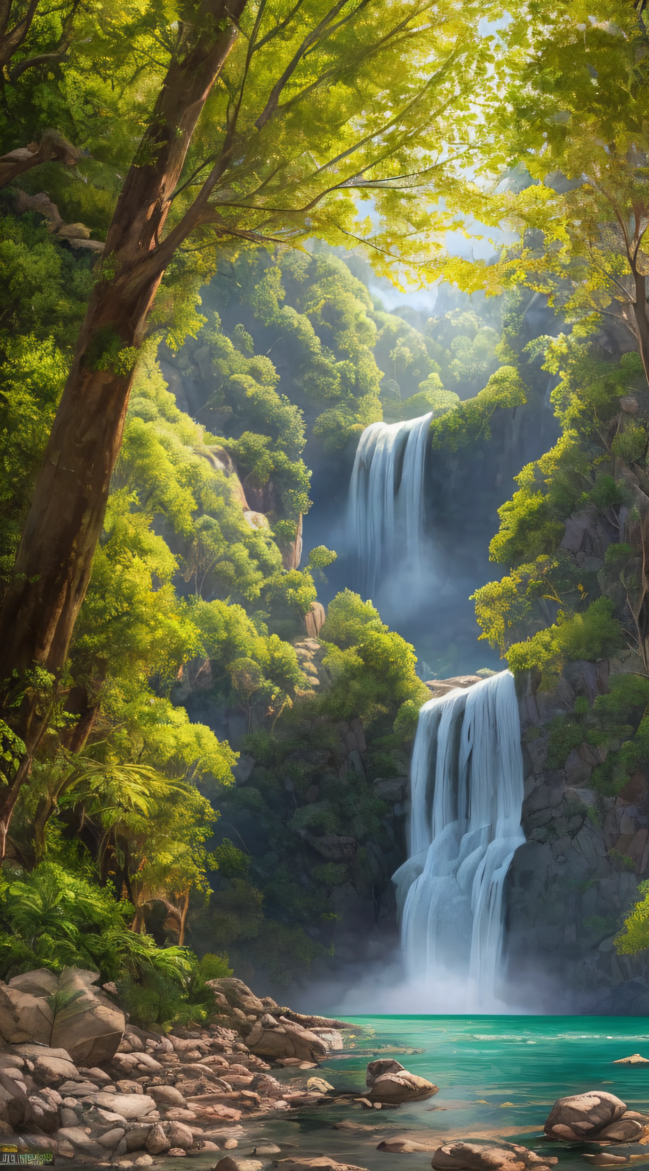 estilo, ChromaV5, nvinkpunk, (papel de parede 8k de unidade CG extremamente detalhado), An illustration of a bright and majestic waterfall falling into a rocky cliff, sky with clouds, lua, alien planets, The water glows as it falls, Launching a rainbow of colors, The surrounding countryside is lush and verdant, with tall trees and wildflowers, fotografia premiada, chromatic aberration; geometric shapes; Bokeh, profundidade de campo, fotorrealista, detalhado, flor, HDR, oil painting by John Singer Sargent, Frederic Church e Thomas Moran, trending on ArtStation, trend at CGSociety, arte no meio da jornada