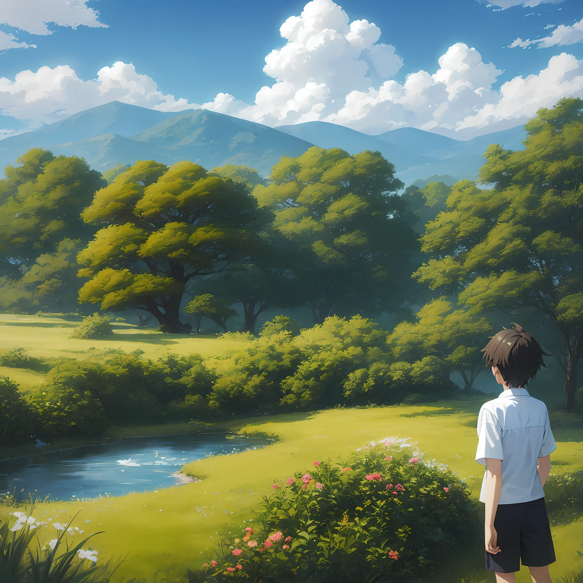 anime scene of a boy standing in a field with a pond,5 year old boy、white shirts、Black shorts、The nature of back-view anime, Makoto Shinkai!, style of makoto shinkai, Makoto Shinkai!!, Makoto Shinkai. a digital rendering, in style of makoto shinkai, anime countryside landscape, makoto shinkai art style, yusuke murata and makoto shinkai