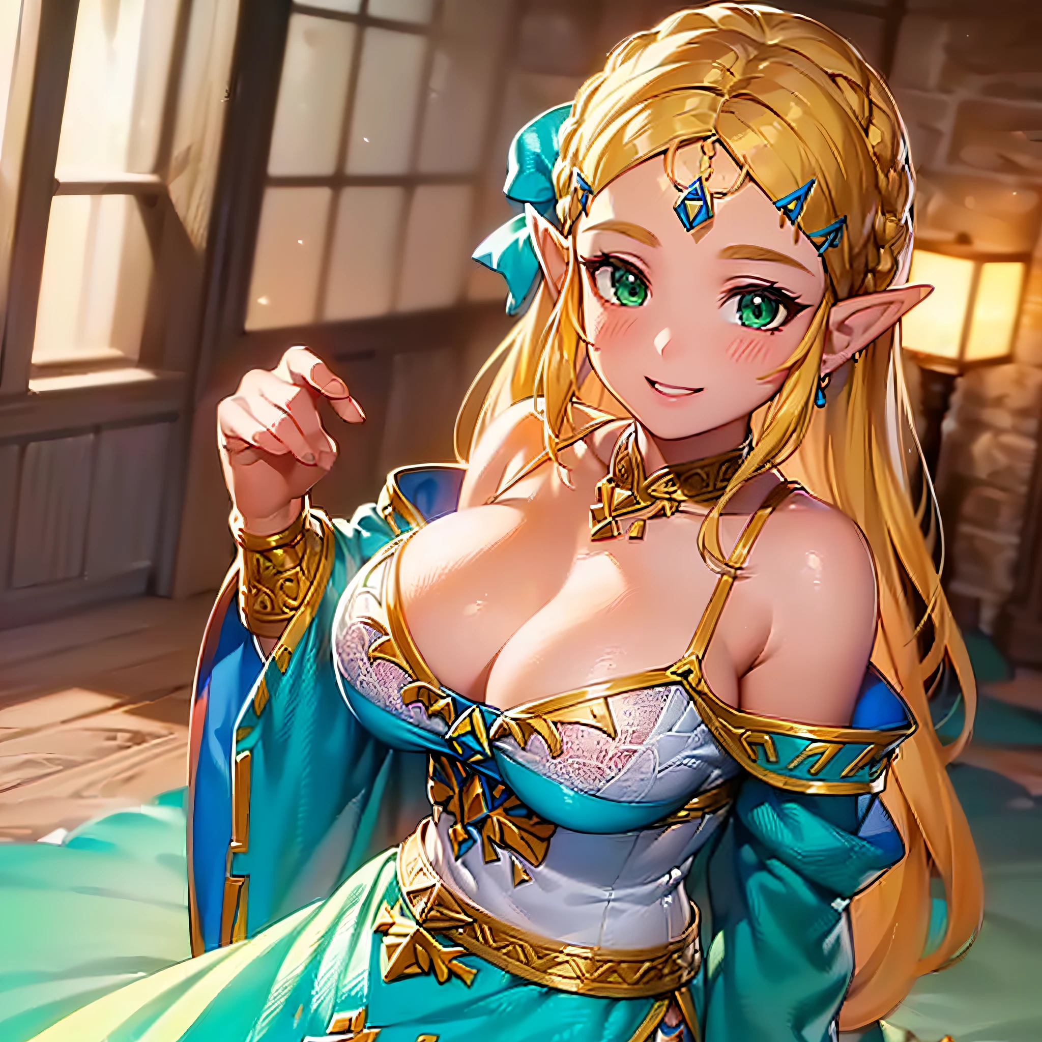 ((masterpiece)),(illustration),(((best quality)),iridescent, high resolution illustration,Amazing,highres,intricate detail, extremely detailed CG unity 8k wallpaper ((zelda)), large breasts, cleavage, upper_body, (delicate cute face), blond long hair, lovestruck,(green eyes), beach, moonlight, night time, prom dress, smile, facing viewer, young teen,