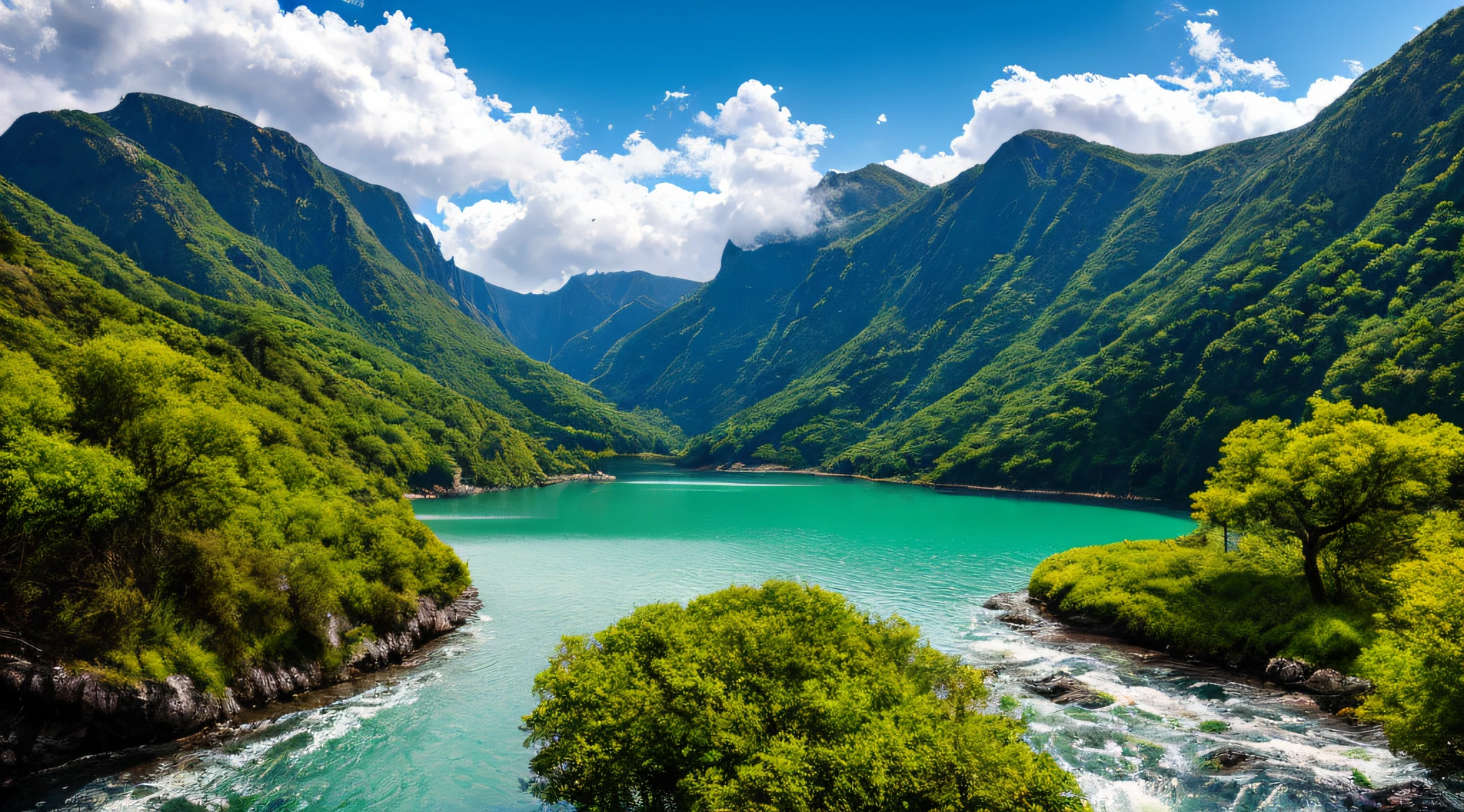 Masterpiece, ultimate quality, Cg unity 8k wallpaper, super delicate, beautiful sky and clouds, rich natural scenery, cliffs, lakes and rivers, waterfalls and flying water, beautiful green mountains, no trace of people, excellent scenery, has already won a photo contest, background Blurring, full depth of field, HDR high dynamics, true restoration, intricate, extreme details, dramatic presentation, perfectly presenting the style of midjourney art.